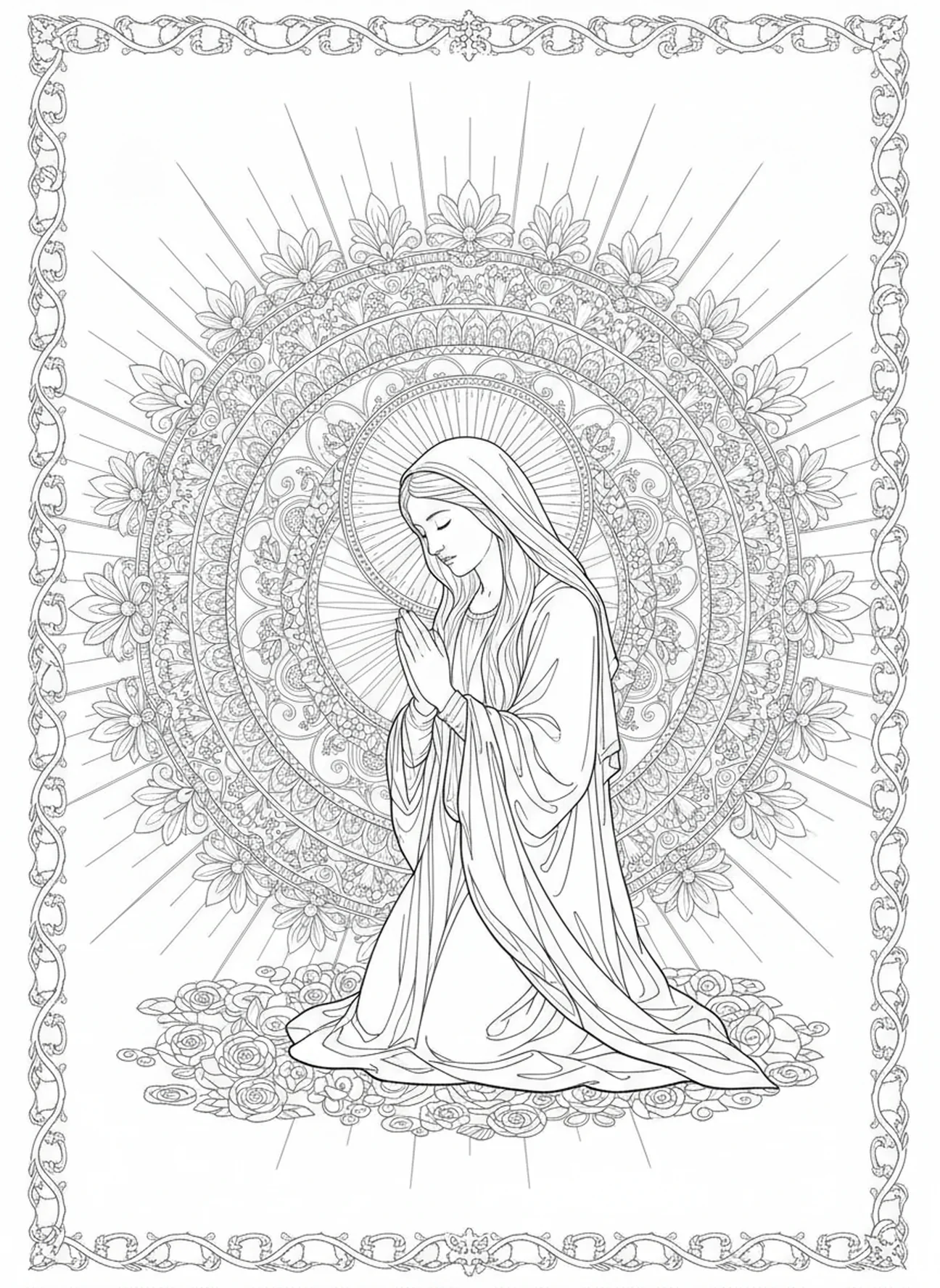 María en oración, página para colorear de Santa María Magdalena estilo de journaling bíblico para adultos.