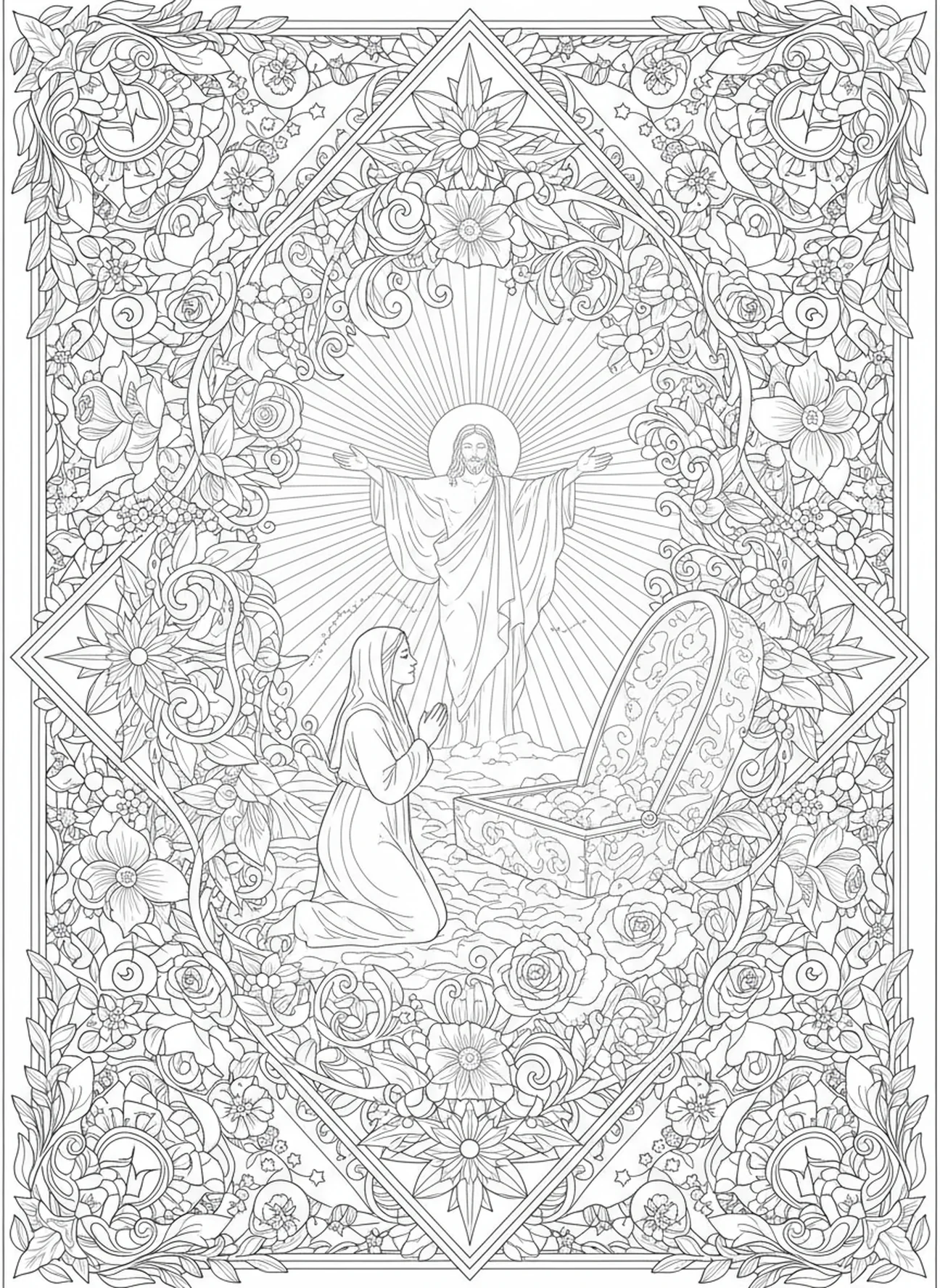 María presenciando la resurrección, página para colorear de Santa María Magdalena en estilo de journaling bíblico para adultos.