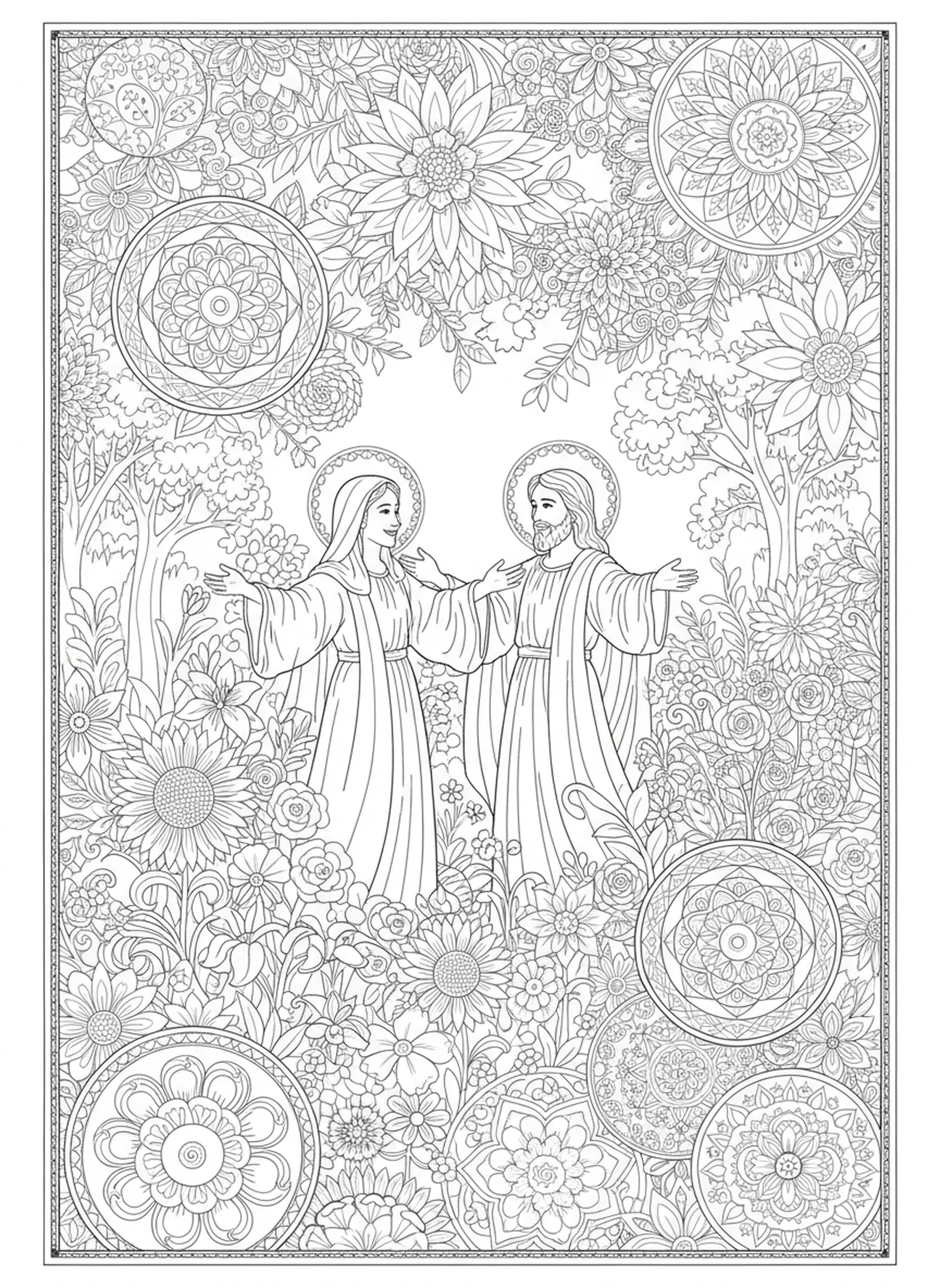 María encontrándose con Jesús, página para colorear de Santa María Magdalena en estilo de journaling bíblico para adultos.