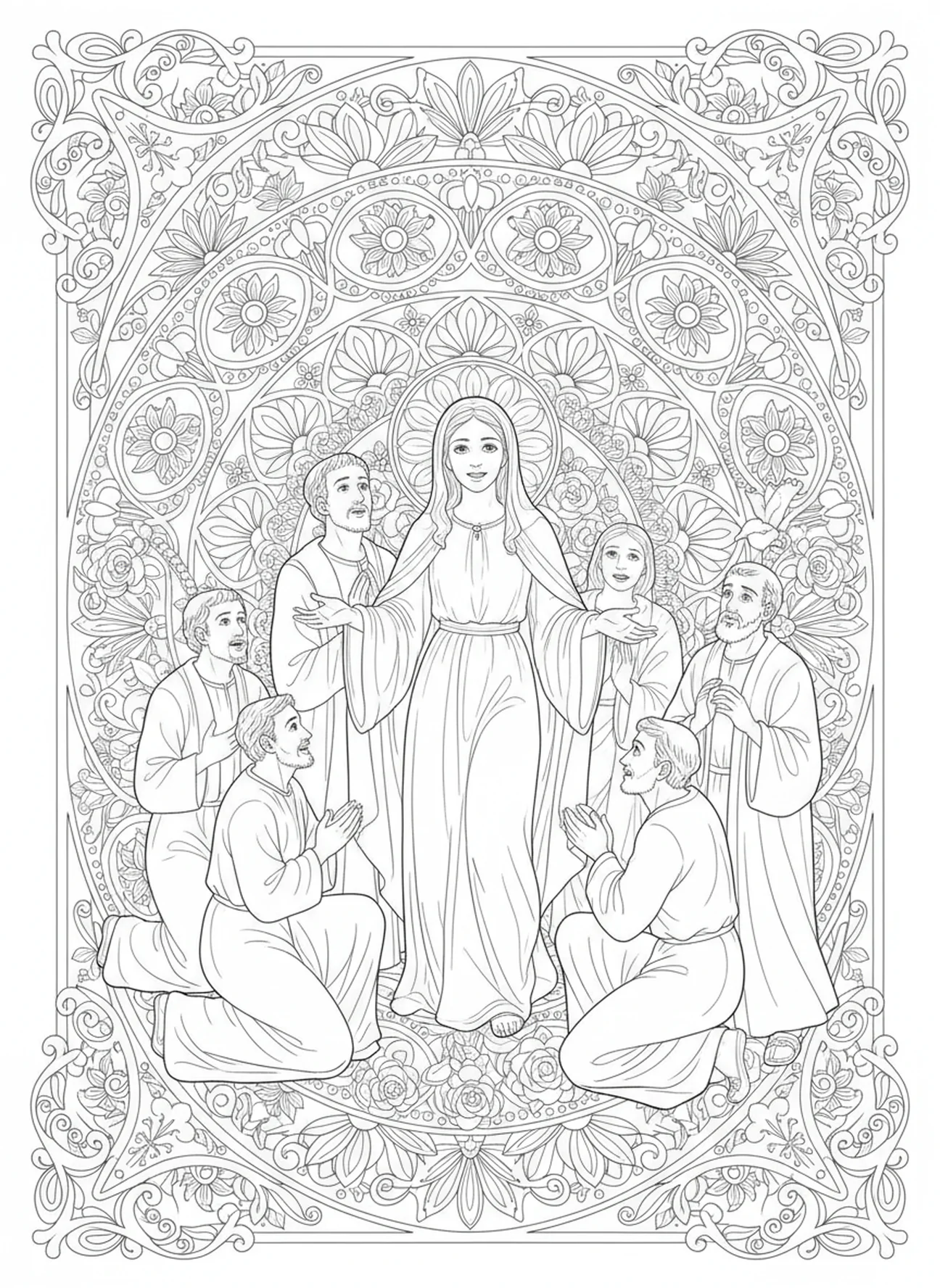 María compartiendo la noticia de la resurrección, página para colorear de Santa María Magdalena en estilo de journaling bíblico para adultos.