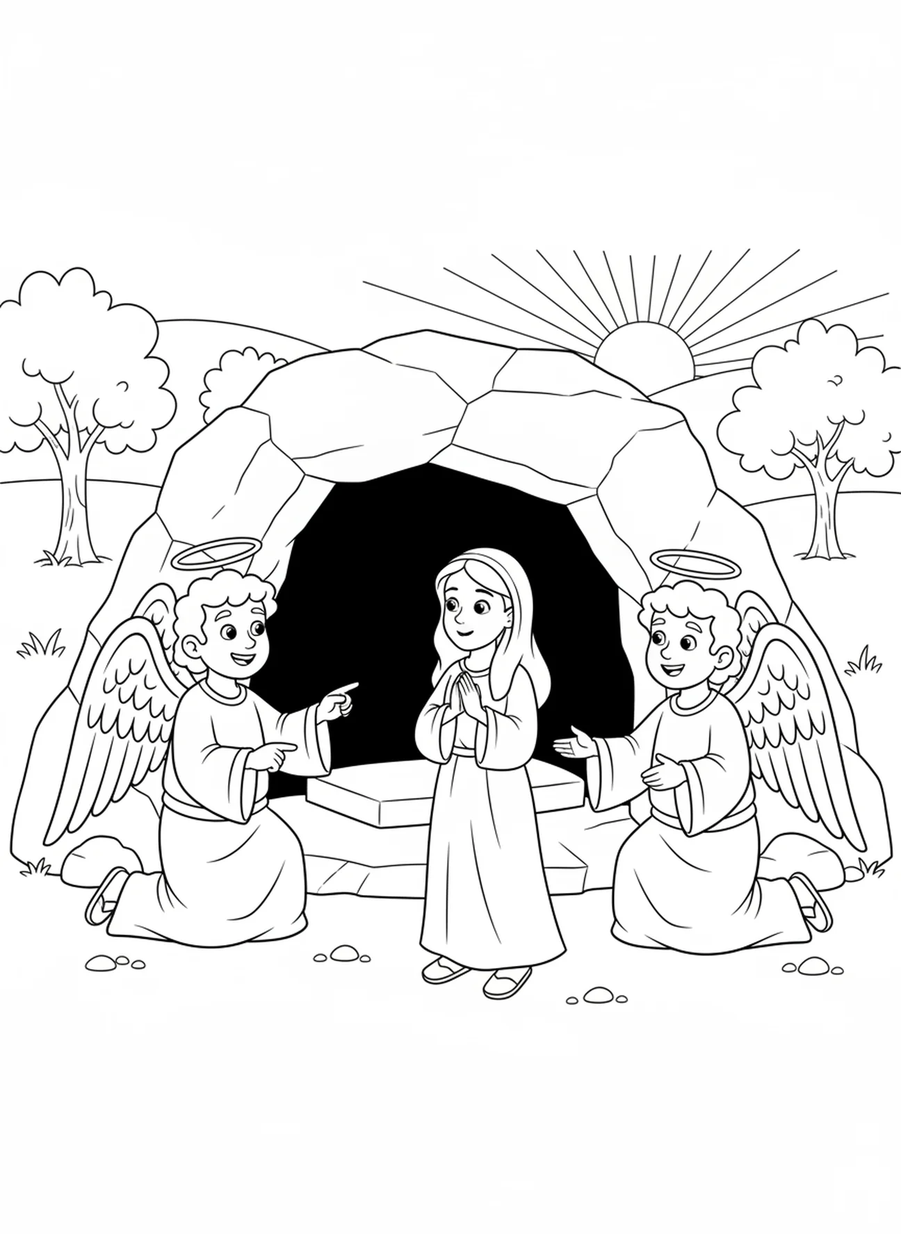 Deux anges parlant à Marie Madeleine, page à colorier de Sainte Marie Madeleine pour les enfants de 5 à 10 ans.