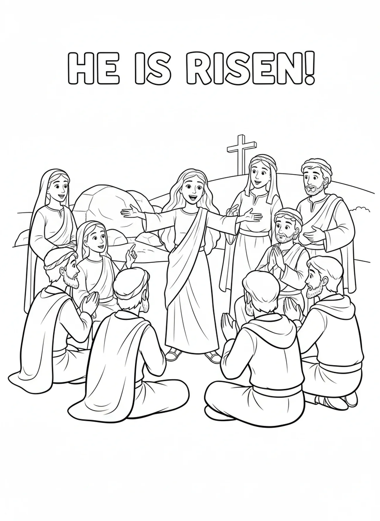 Marie Madeleine partageant la nouvelle avec les disciples, page à colorier de Sainte Marie Madeleine pour les enfants de 5 à 10 ans.