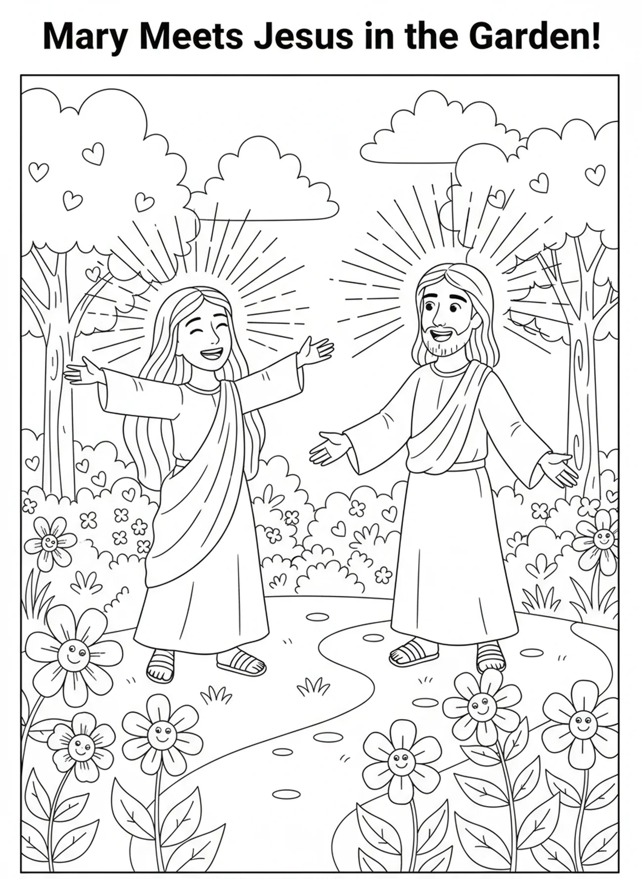 Jésus apparaissant à Marie Madeleine dans le jardin, page à colorier de Sainte Marie Madeleine pour les enfants de 5 à 10 ans.
