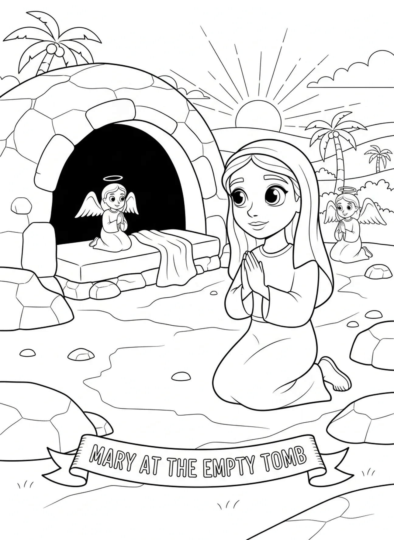 Marie Madeleine priant près du tombeau, page à colorier de Sainte Marie Madeleine pour les enfants de 5 à 10 ans.