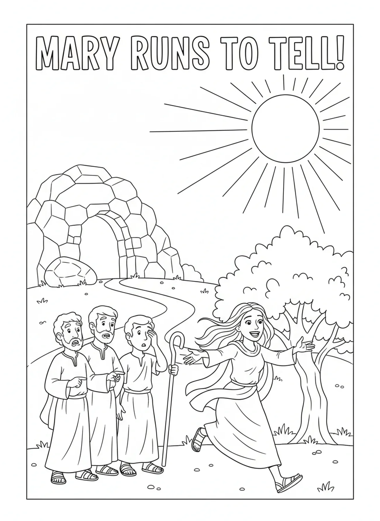 Marie Madeleine courant vers les disciples, page à colorier de Sainte Marie Madeleine pour les enfants de 5 à 10 ans.