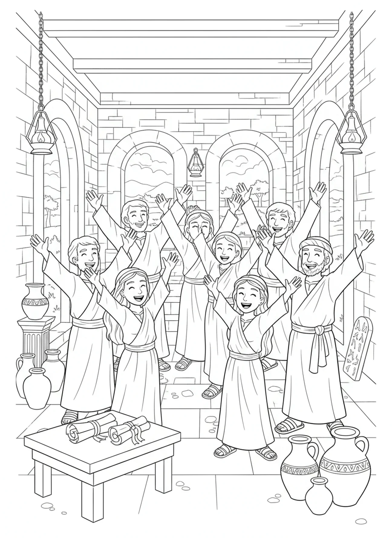 María y los discípulos celebrando después de la resurrección, página para colorear de Santa María Magdalena para niños de Escuela Dominical de 5 a 12 años.
