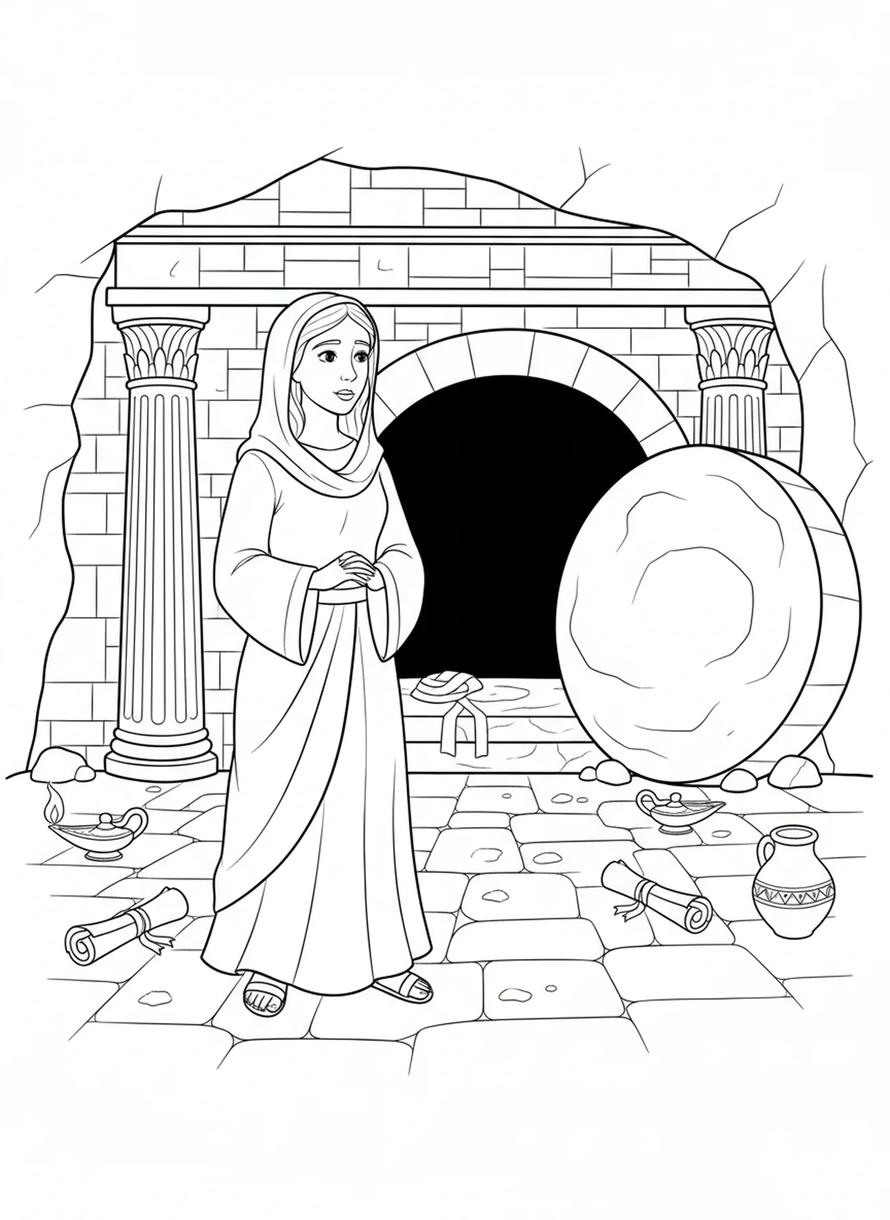 María en la tumba vacía reflexionando, página para colorear de Santa María Magdalena para niños de la Escuela Dominical de 5 a 12 años.