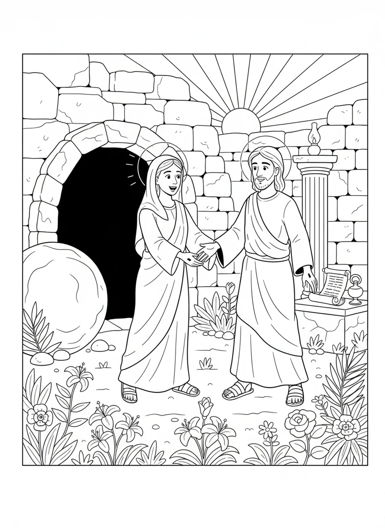 María se encuentra con Jesús resucitado, página para colorear de Santa María Magdalena para niños de la Escuela Dominical de 5 a 12 años.