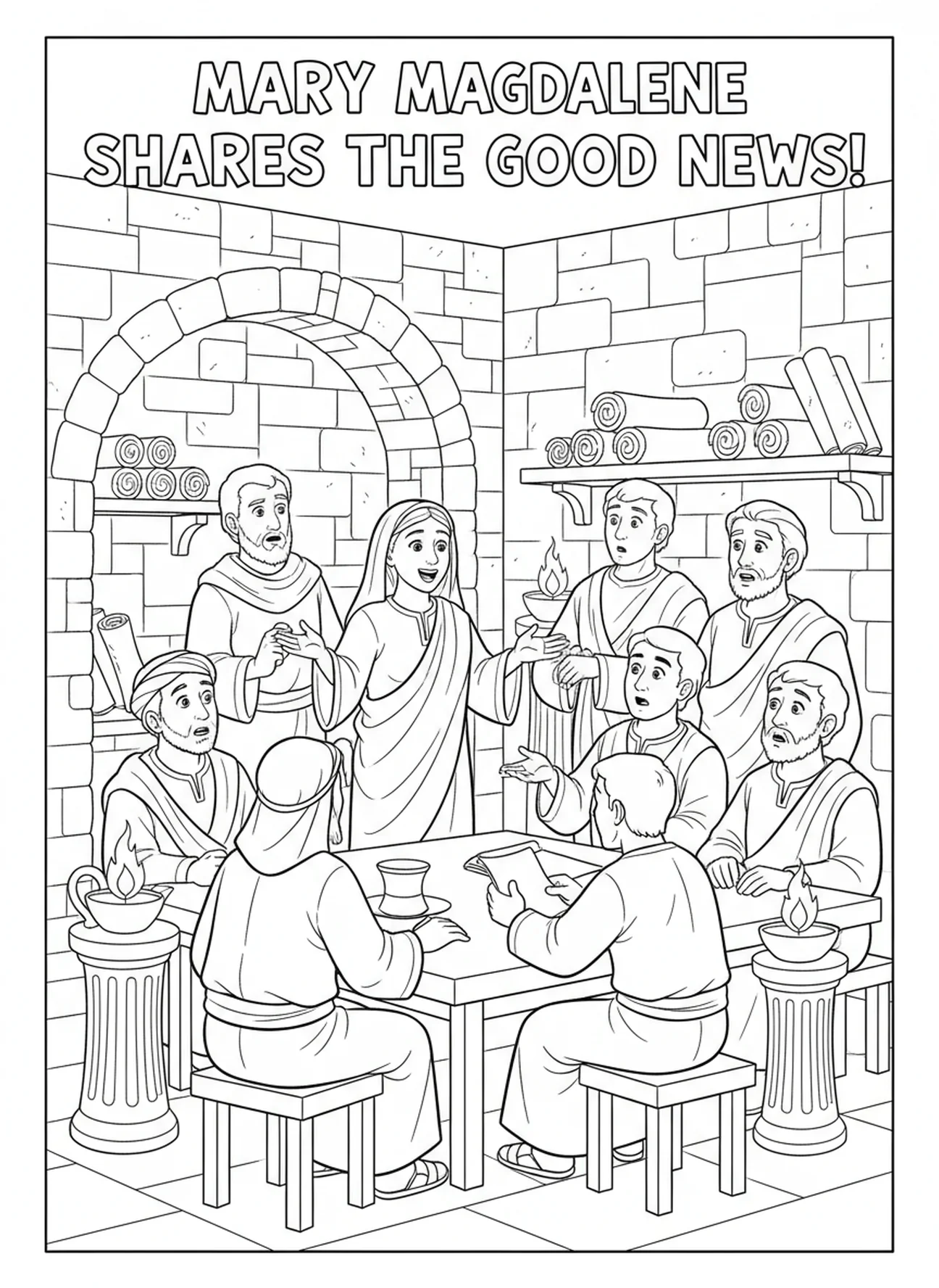 María contando a los discípulos sobre la resurrección, página para colorear de Santa María Magdalena para niños de la Escuela Dominical de 5 a 12 años.
