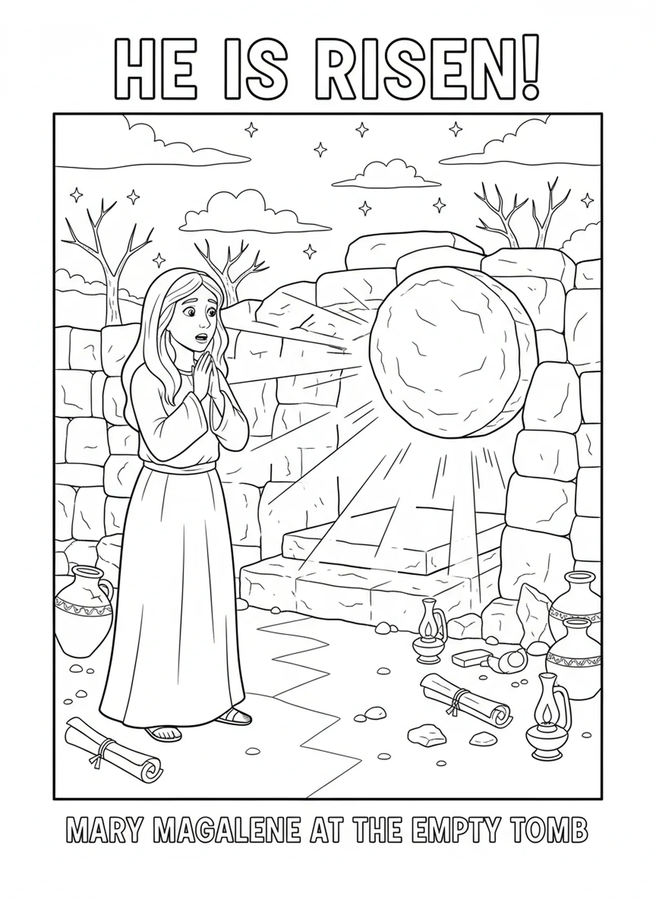 María presenciando la resurrección en la tumba vacía, página para colorear de Santa María Magdalena para niños de Escuela Dominical de 5 a 12 años.