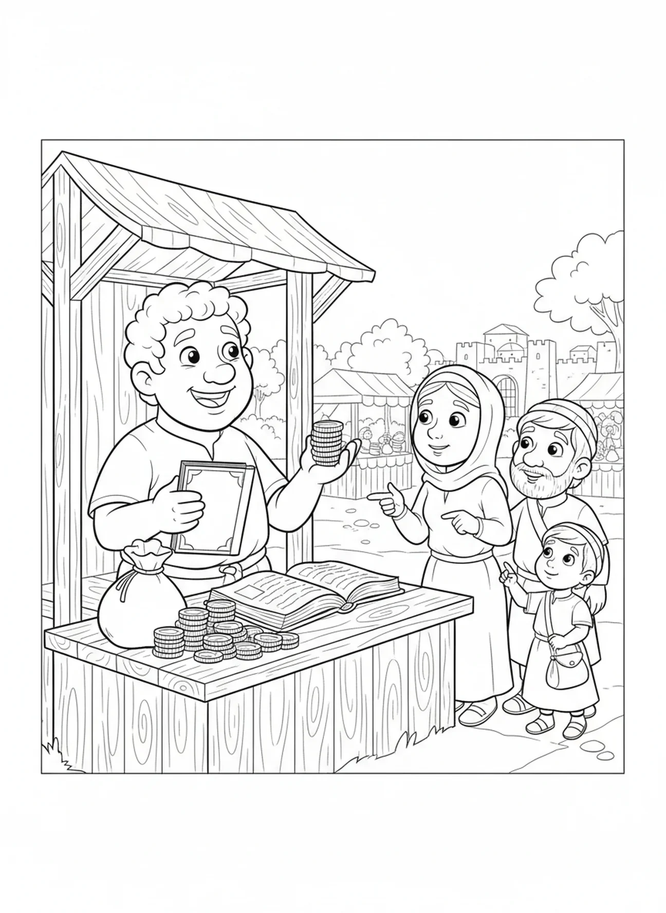 Saint Matthieu collectant des impôts, page à colorier pour enfants de 5 à 10 ans