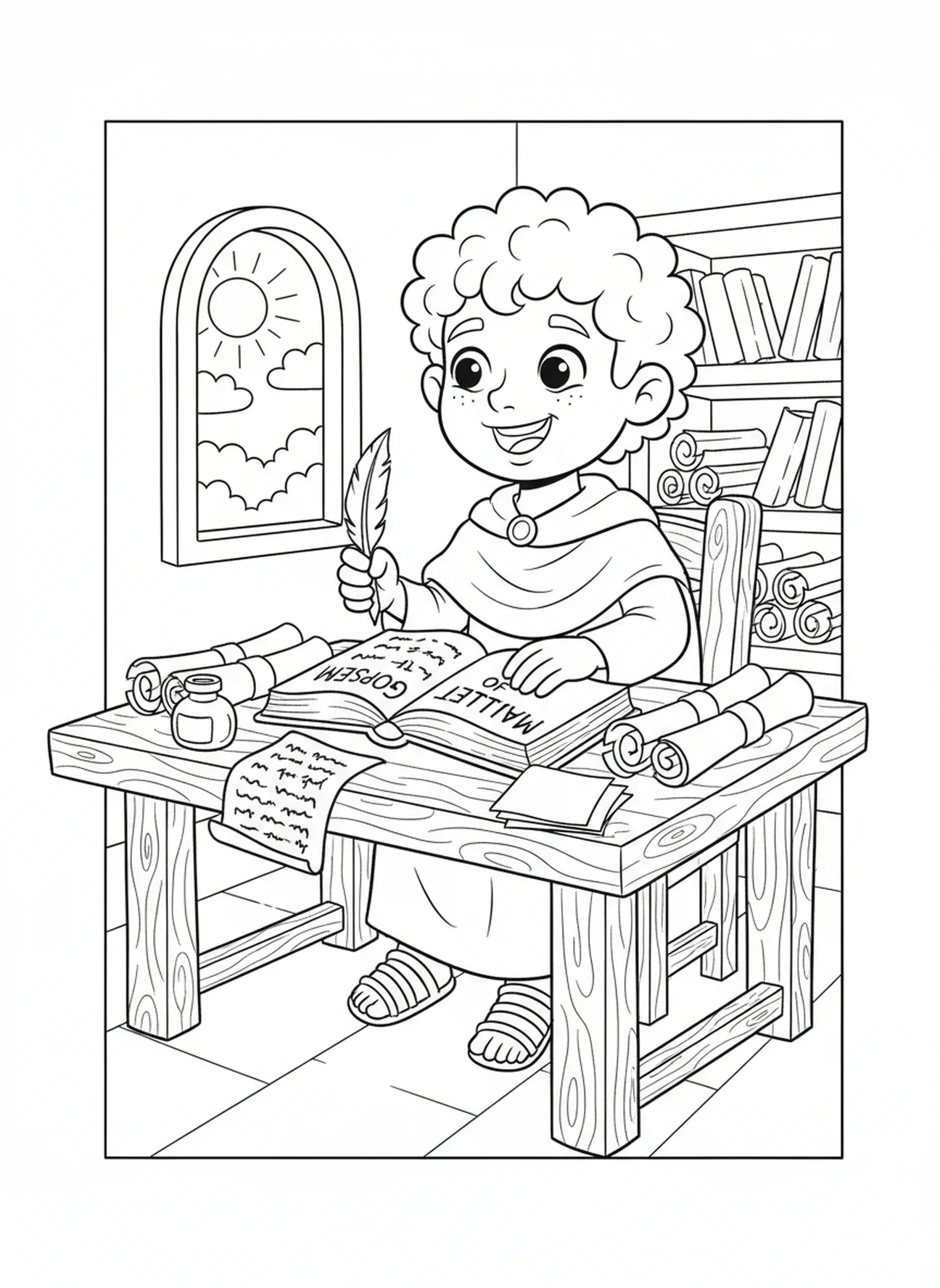 Saint Matthieu écrivant, page à colorier Saint Matthieu pour enfants de 5 à 10 ans