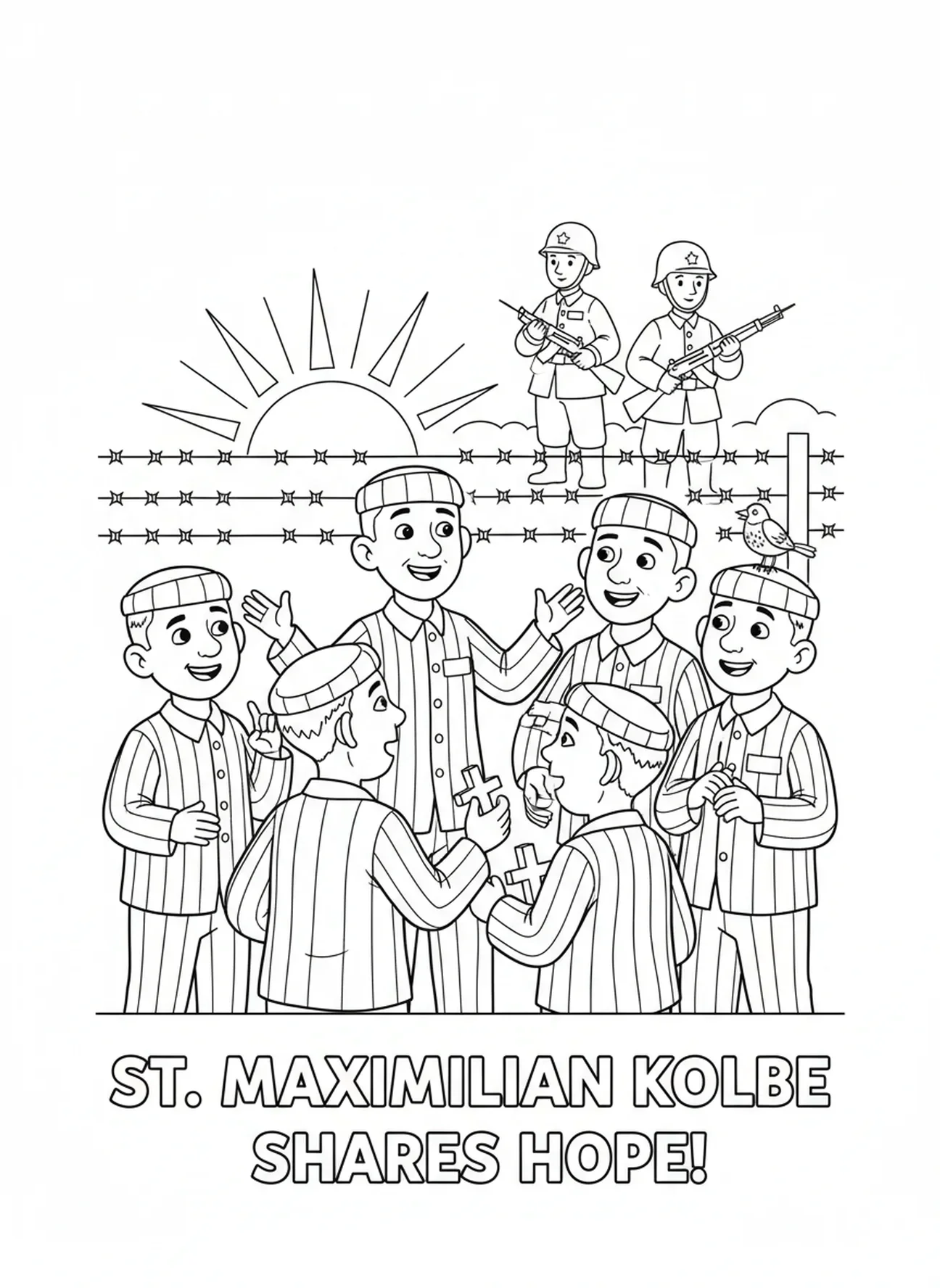 Św. Maksymilian Kolbe zachęcający więźniów, kolorowanka ze św. Maksymilianem Kolbe dla dzieci w wieku 5-10 lat