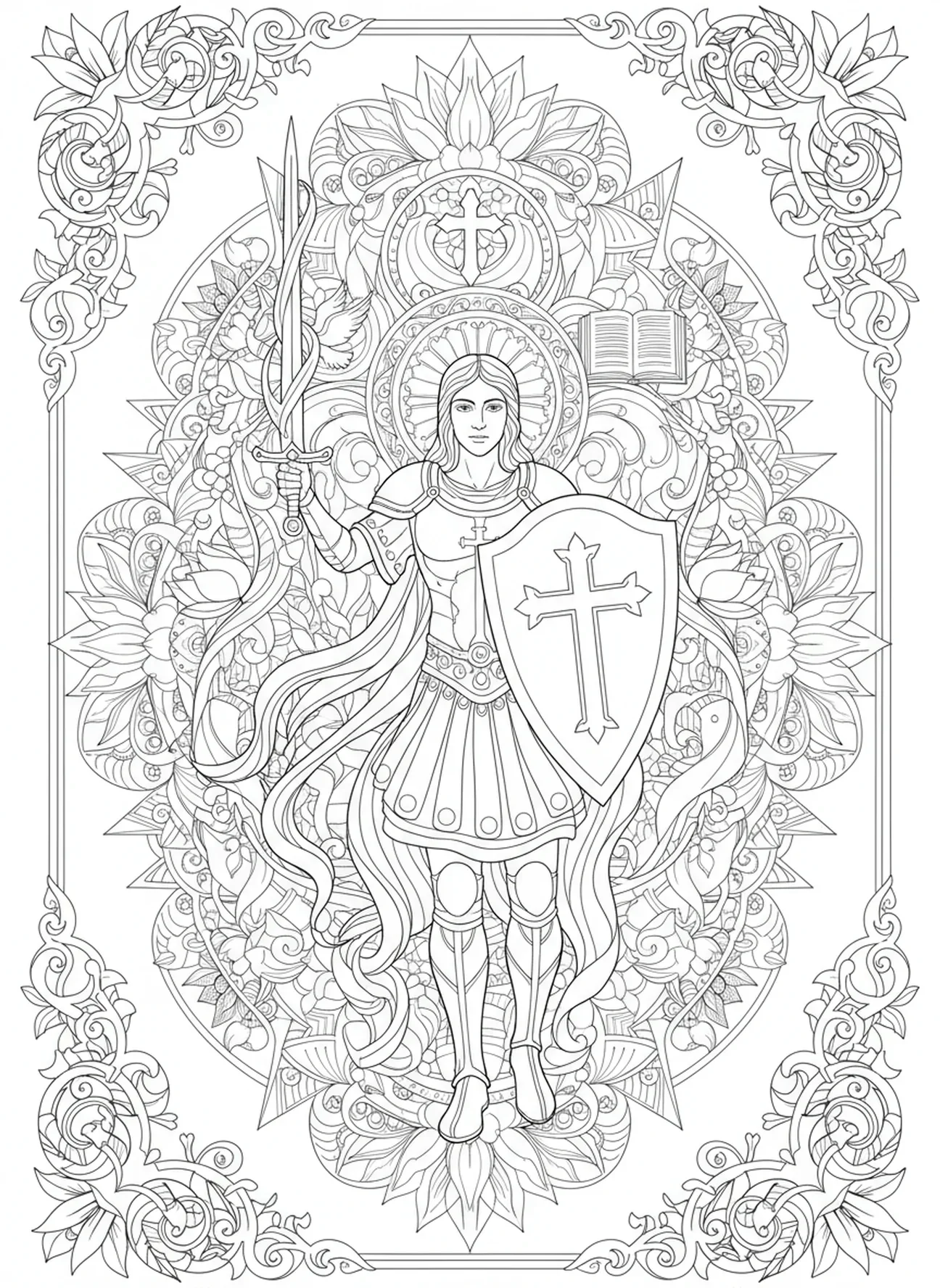 São Miguel defendendo a fé com espada e escudo, página para colorir de São Miguel no estilo de journaling bíblico para adultos