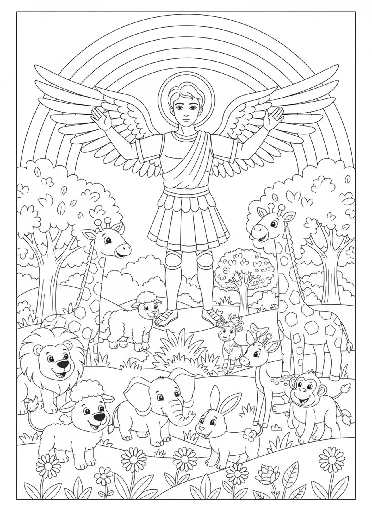 St. Michael segnet die Landschaft, Ausmalbild von St. Michael für Kinder im Alter von 5-10 Jahren.