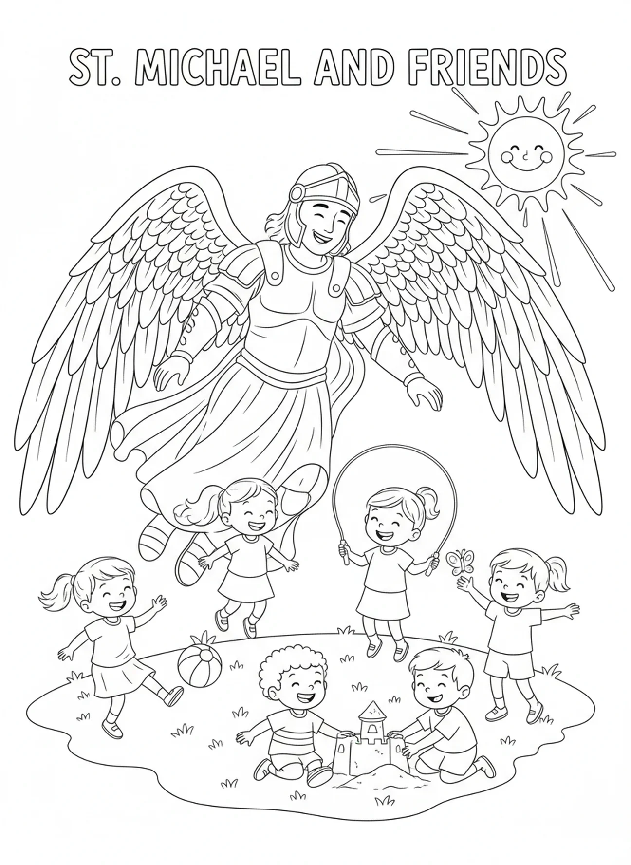 Der hl. Michael beschützt Kinder, Ausmalbild vom hl. Michael für Kinder im Alter von 5-10 Jahren.