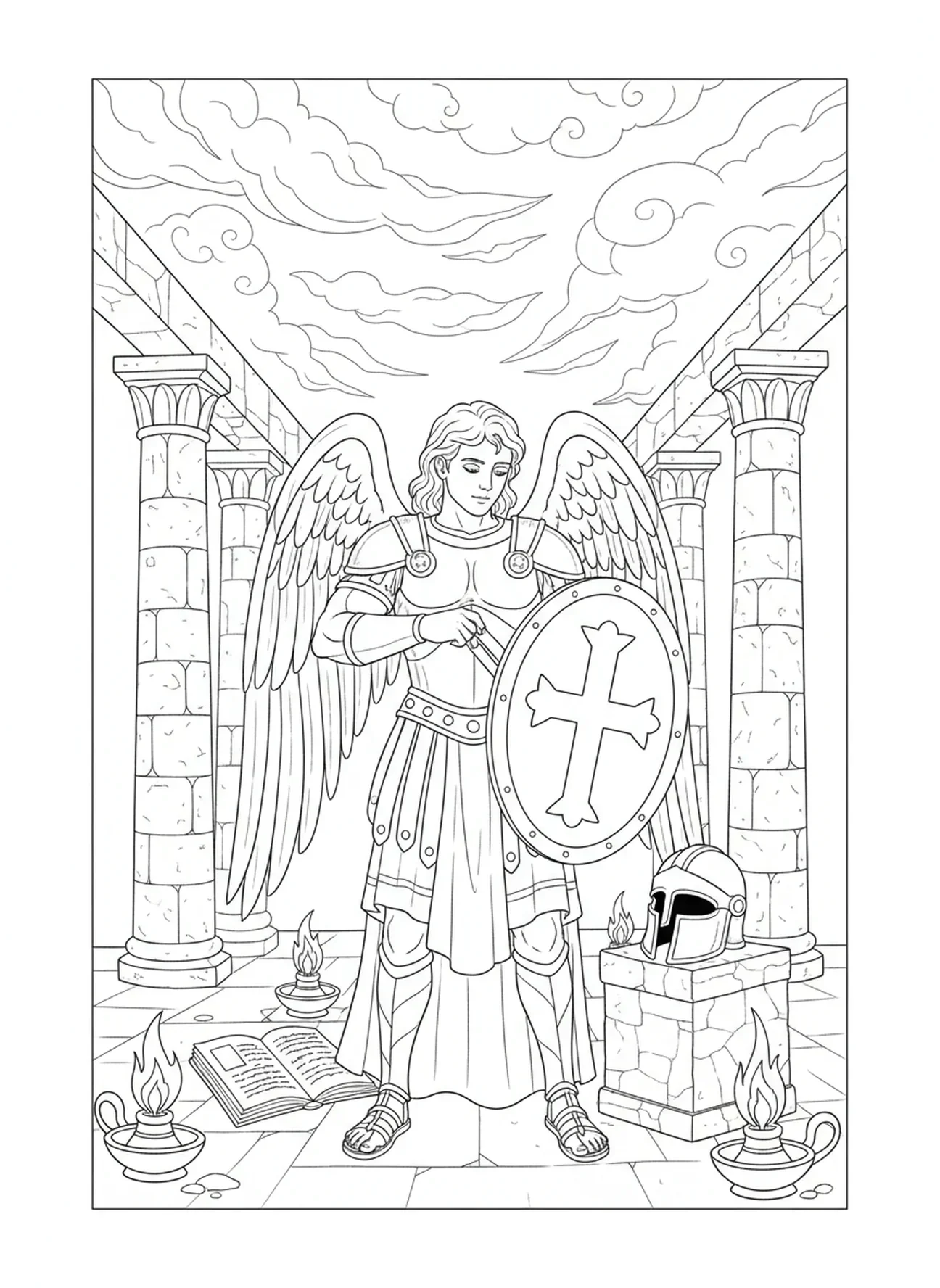 São Miguel com armadura e escudo, página de colorir de São Miguel para crianças da Escola Dominical de 5 a 12 anos.
