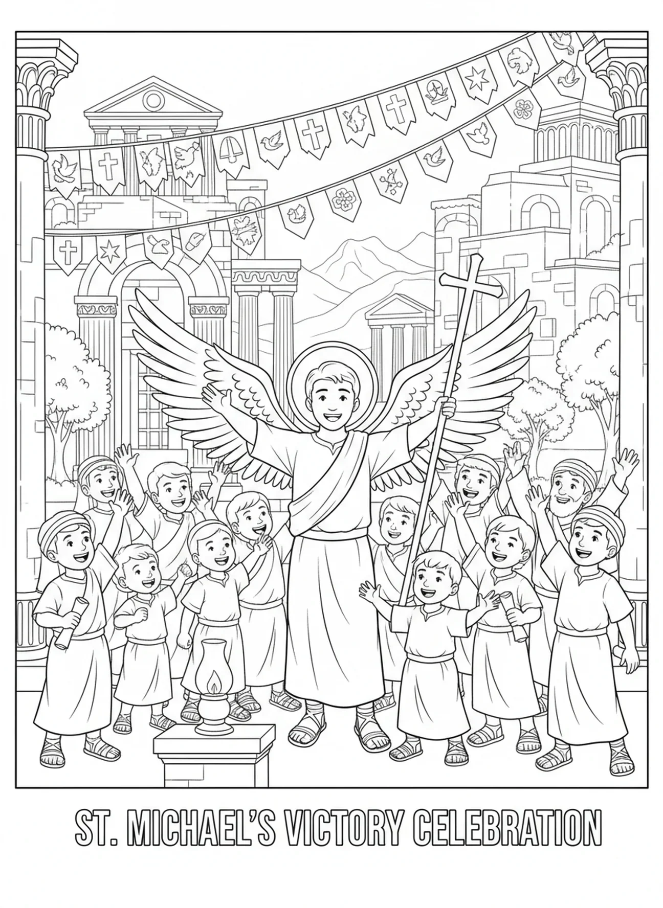 São Miguel celebrando a vitória, página de colorir de São Miguel para crianças da Escola Dominical de 5 a 12 anos.