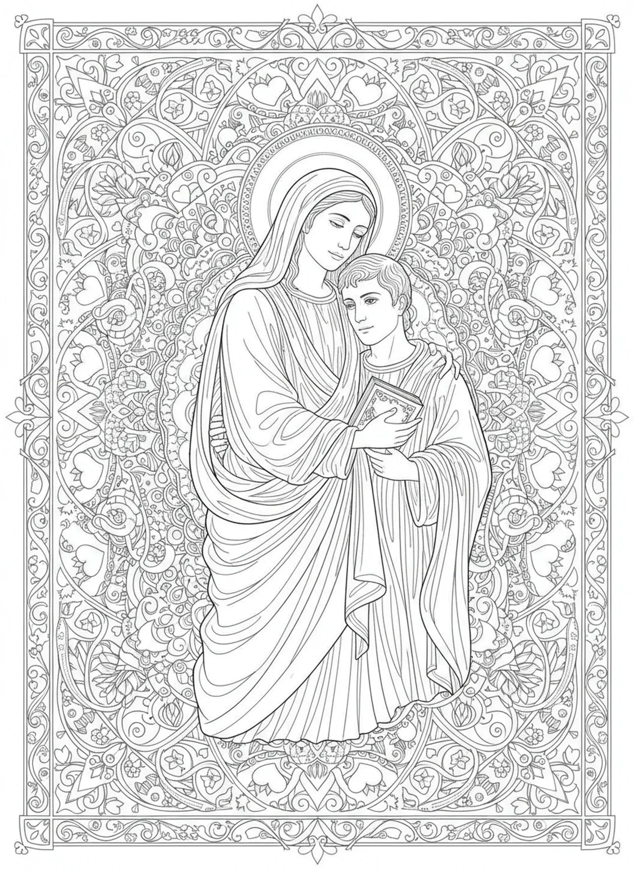 Sainte Monique étreignant Augustin, page à colorier Sainte Monique pour adultes dans un style de journal biblique.