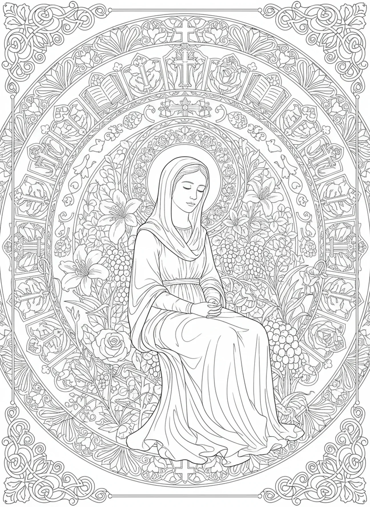 Sainte Monica en paix dans le jardin, page à colorier Sainte Monica pour adultes dans un style de journal biblique.