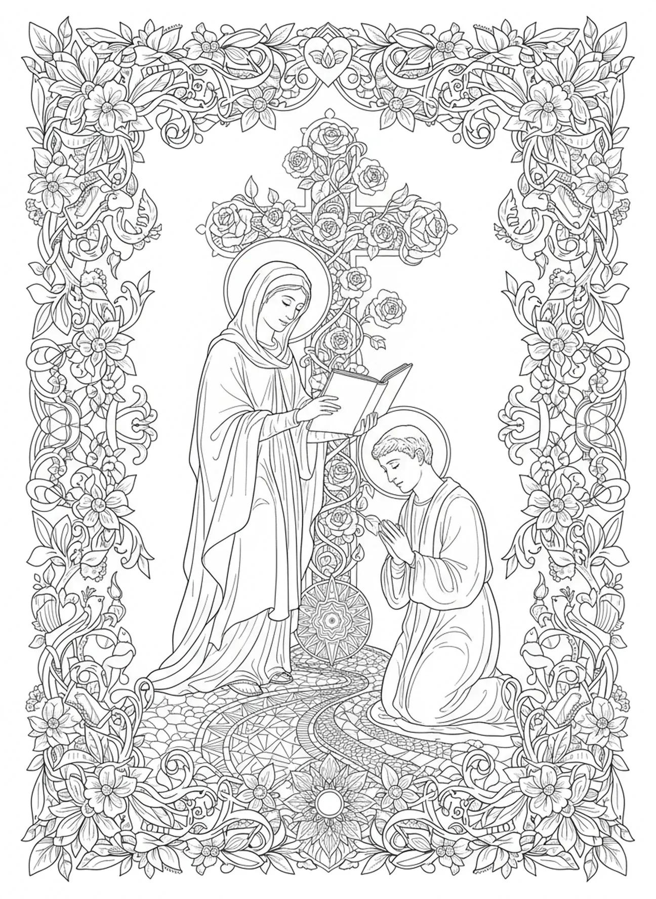 Sainte Monique encourageant Augustin, page à colorier Sainte Monique pour adultes dans un style de journal biblique.