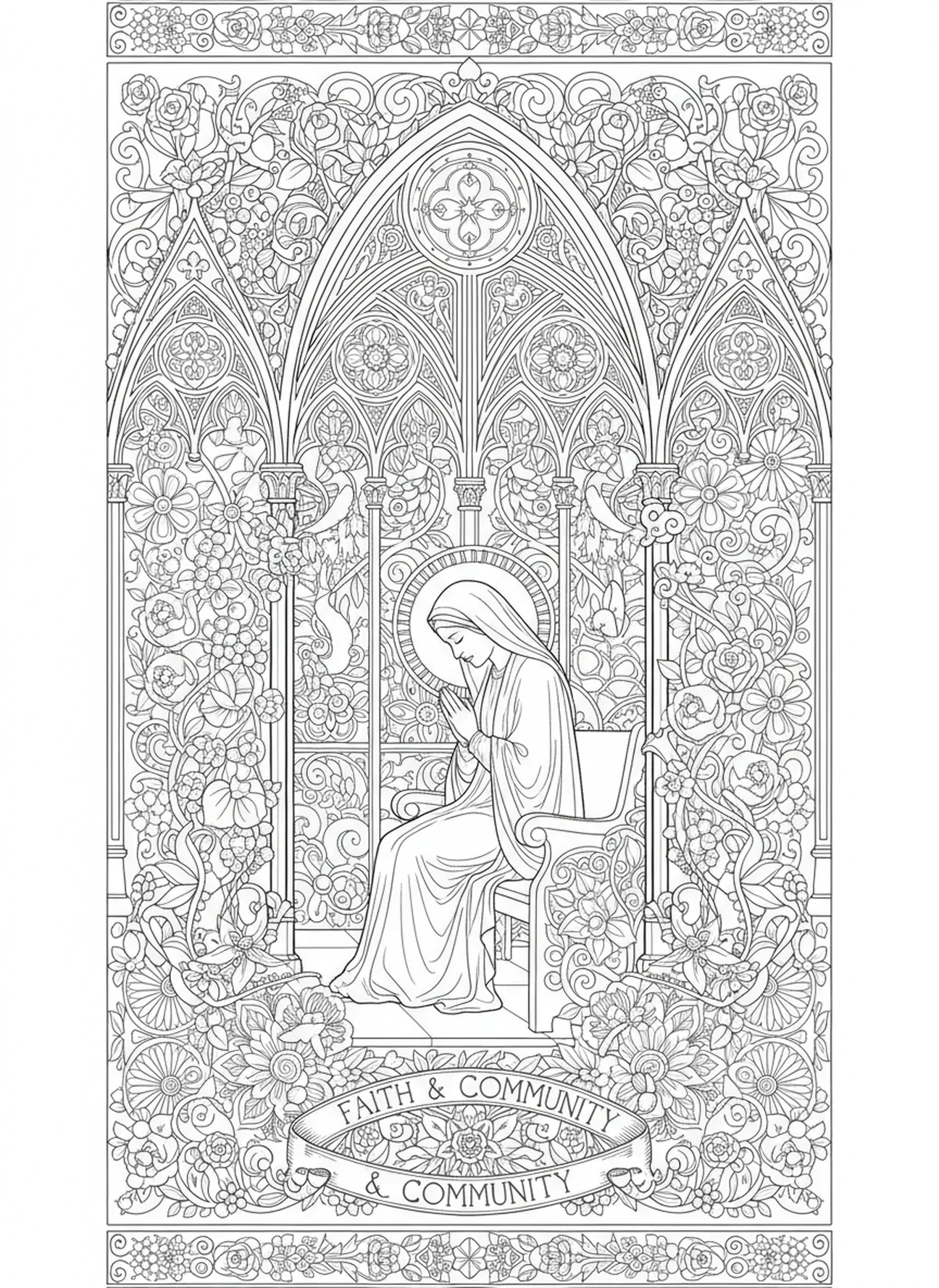 Sainte Monica dans l'église, page à colorier Sainte Monica pour adultes dans un style de journal biblique.