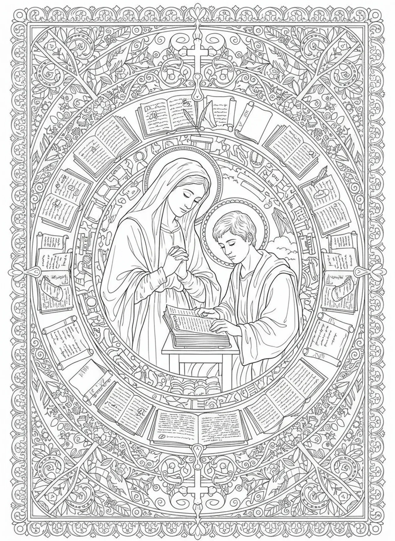 Sainte Monique surveillant Augustin étudier, page à colorier Sainte Monique pour adultes dans un style de journal biblique.