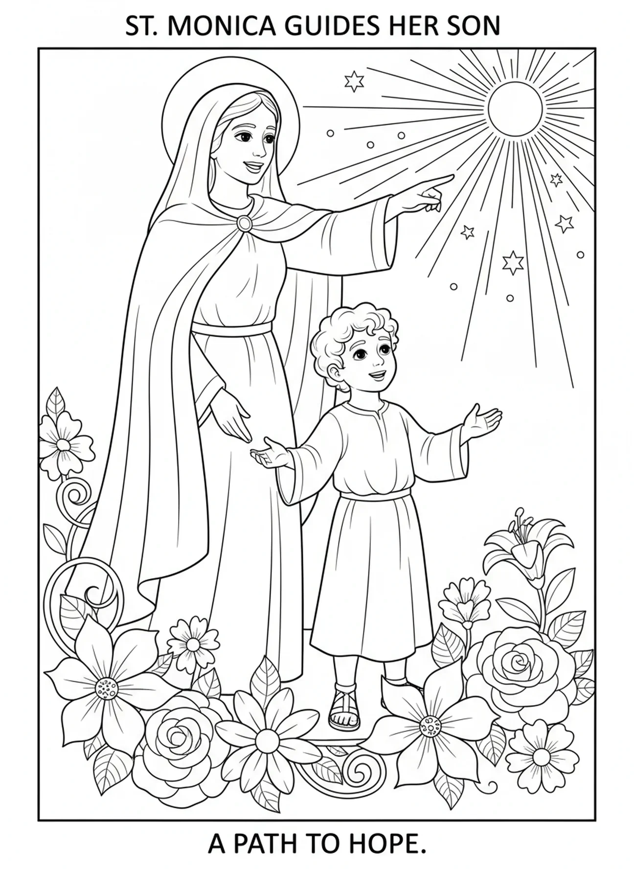 Santa Mónica animando a su hijo, página para colorear de Santa Mónica para niños de 5 a 10 años
