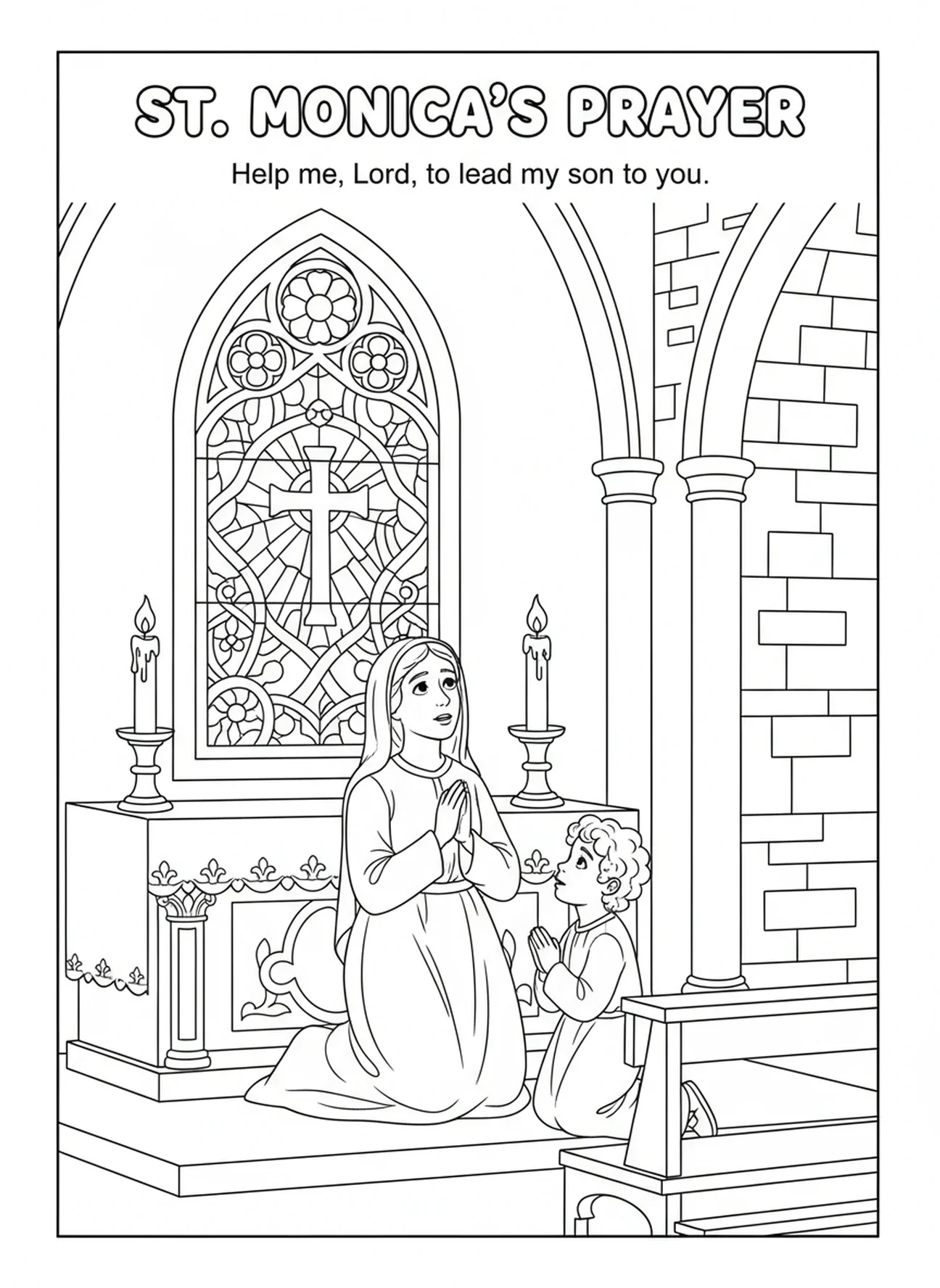 Santa Mónica en la iglesia, página para colorear de Santa Mónica para niños de 5 a 10 años