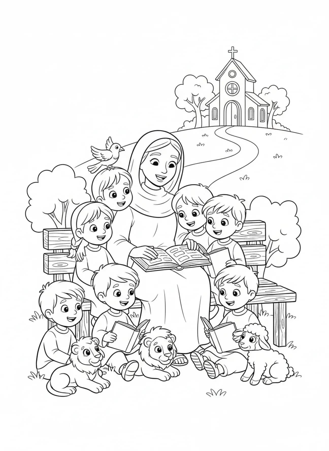 Santa Mónica enseñando a niños, página para colorear de Santa Mónica para niños de 5 a 10 años