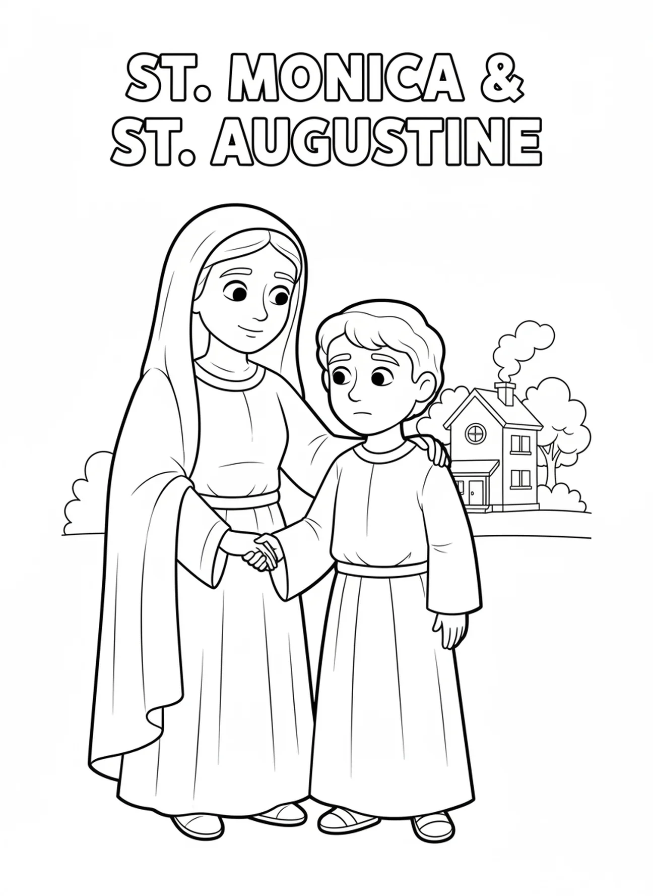 Santa Mónica con su hijo, página para colorear de Santa Mónica para niños de 5 a 10 años