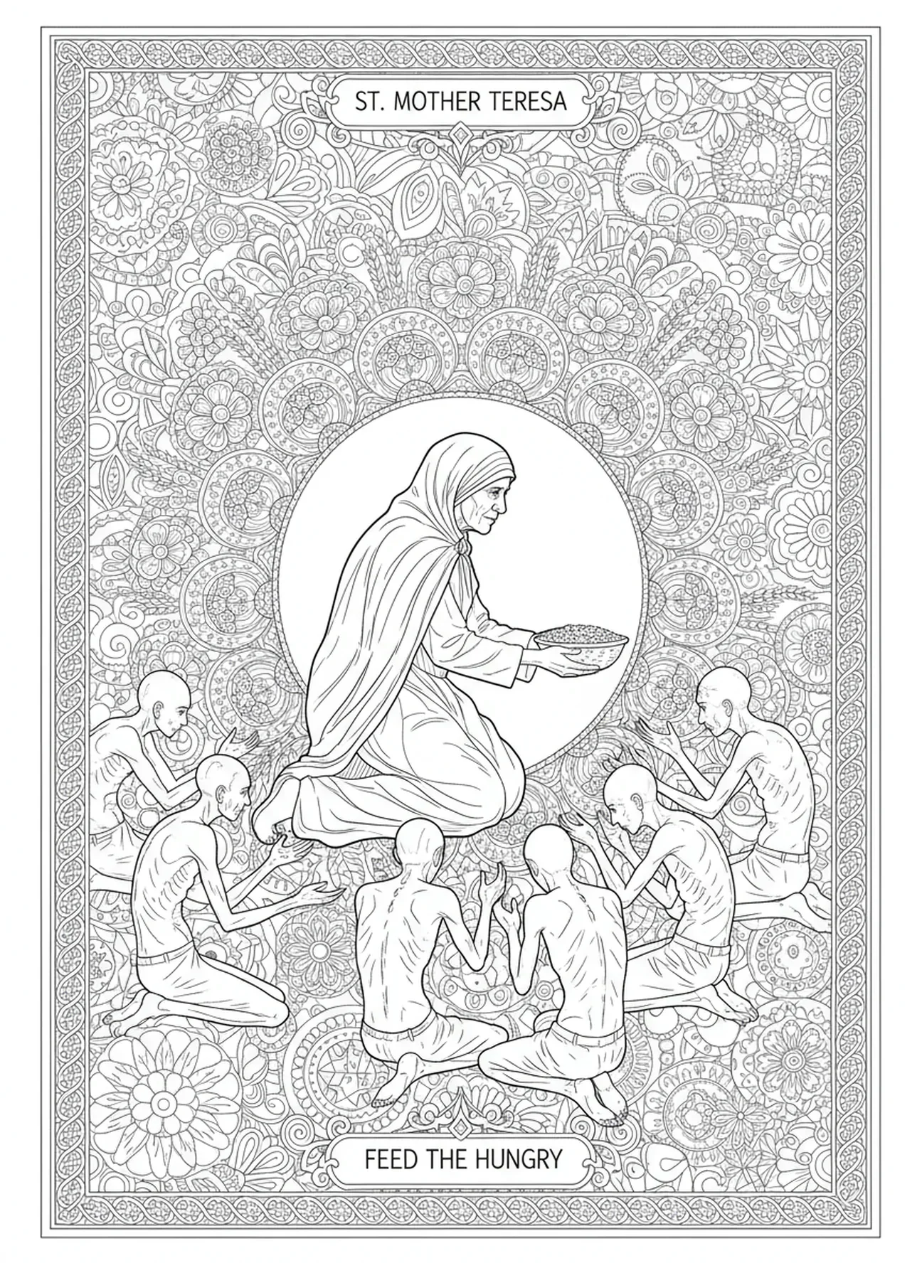 Santa Madre Teresa repartiendo comida a los hambrientos, página para colorear de Santa Madre Teresa en estilo de journaling bíblico para adultos.