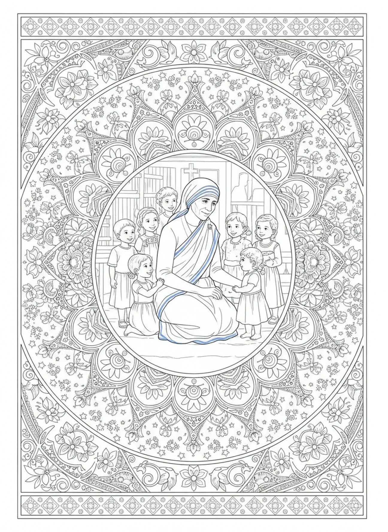 Santa Madre Teresa interactuando con niños, página para colorear de Santa Madre Teresa en estilo de journaling bíblico para adultos.