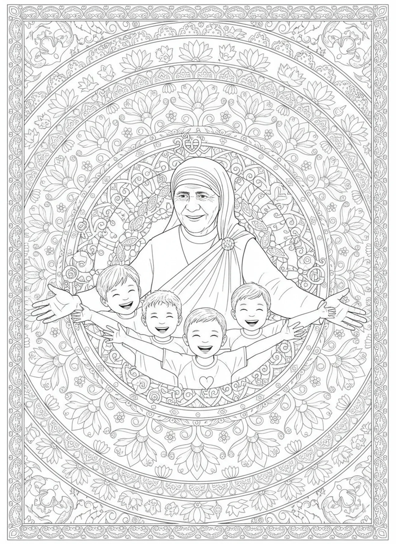 Santa Madre Teresa compartiendo alegría con niños, página para colorear de Santa Madre Teresa en estilo de journaling bíblico para adultos.