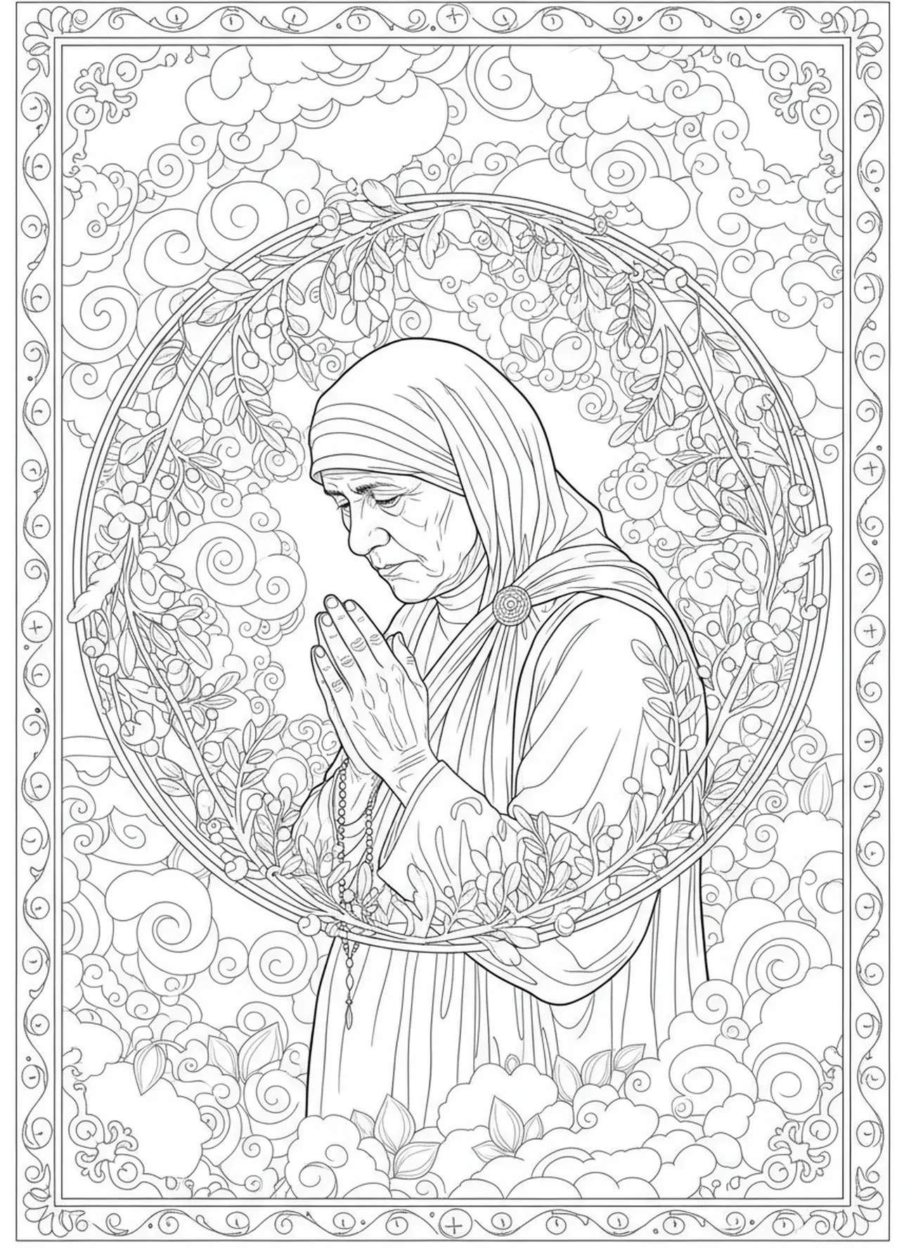 Santa Madre Teresa en oración, página para colorear de Santa Madre Teresa en estilo de diario bíblico para adultos.