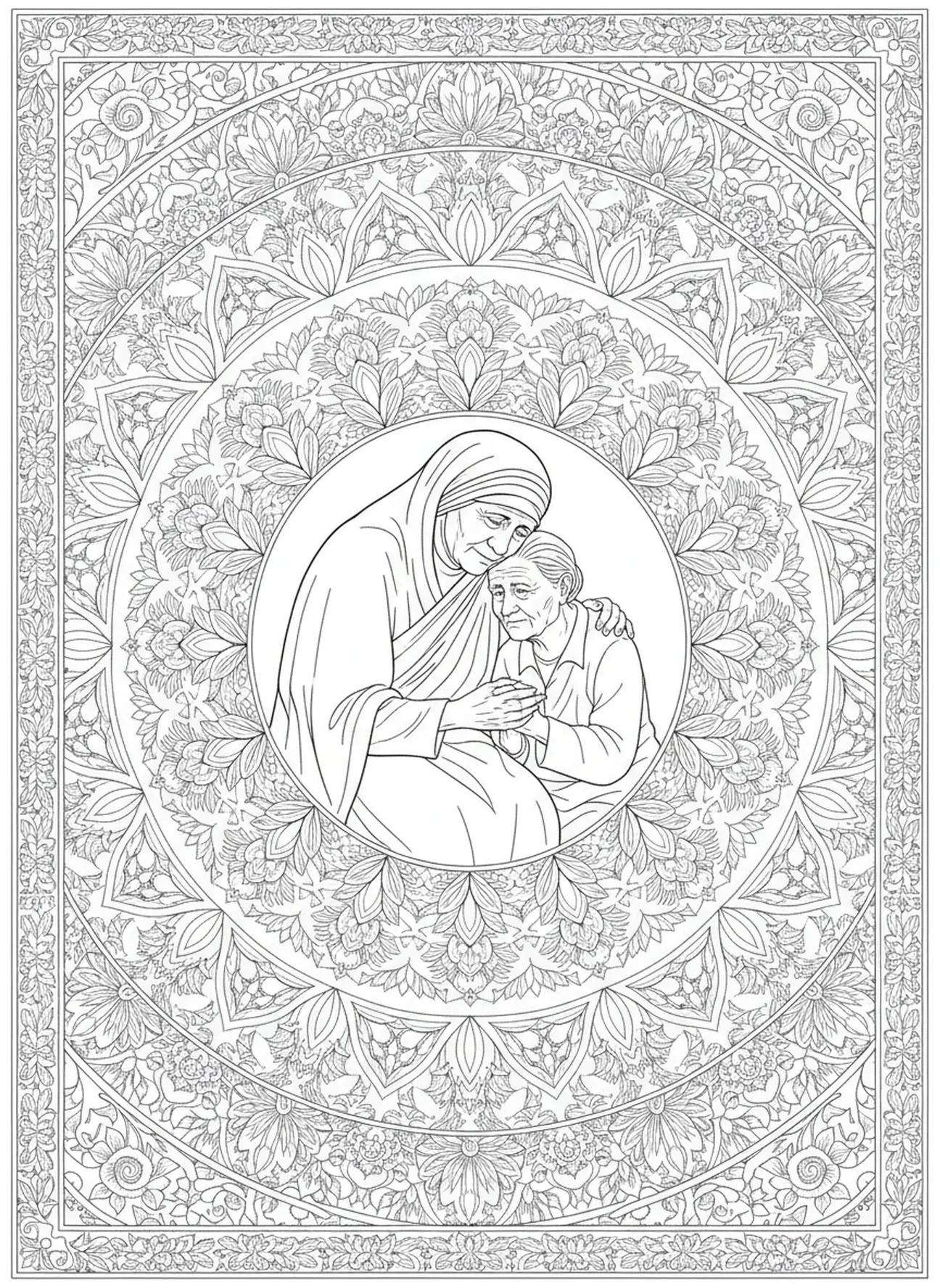 Santa Madre Teresa consolando a una persona mayor, página para colorear de Santa Madre Teresa estilo journaling bíblico para adultos.