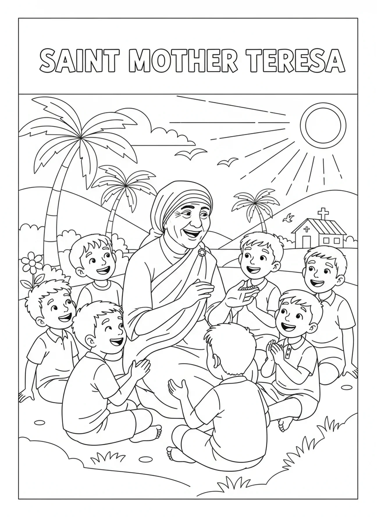 Sainte Mère Teresa assise avec des enfants, page à colorier de Sainte Mère Teresa pour les enfants de 5 à 10 ans