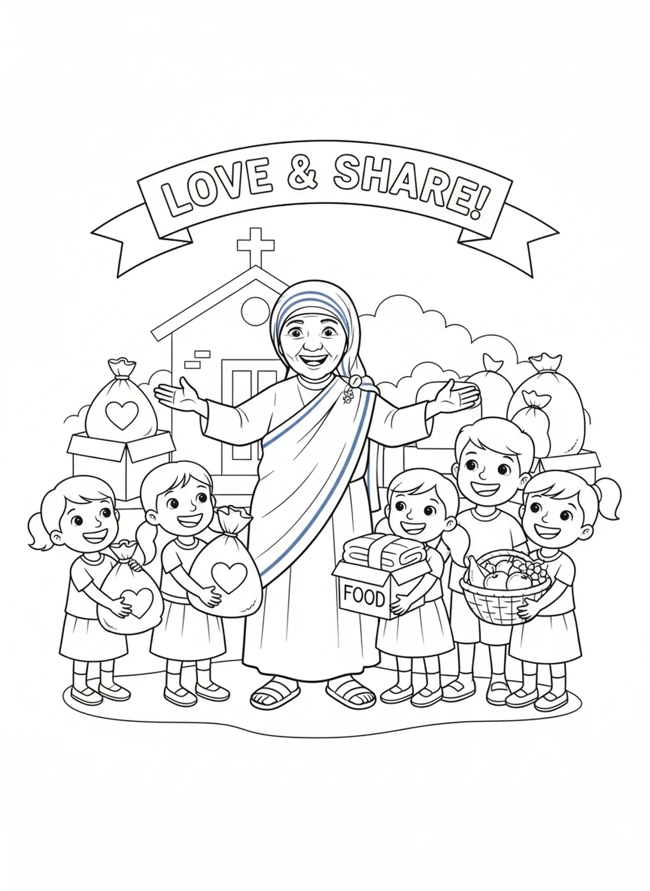 Sainte Mère Teresa recevant des dons, page à colorier de Sainte Mère Teresa pour les enfants de 5 à 10 ans