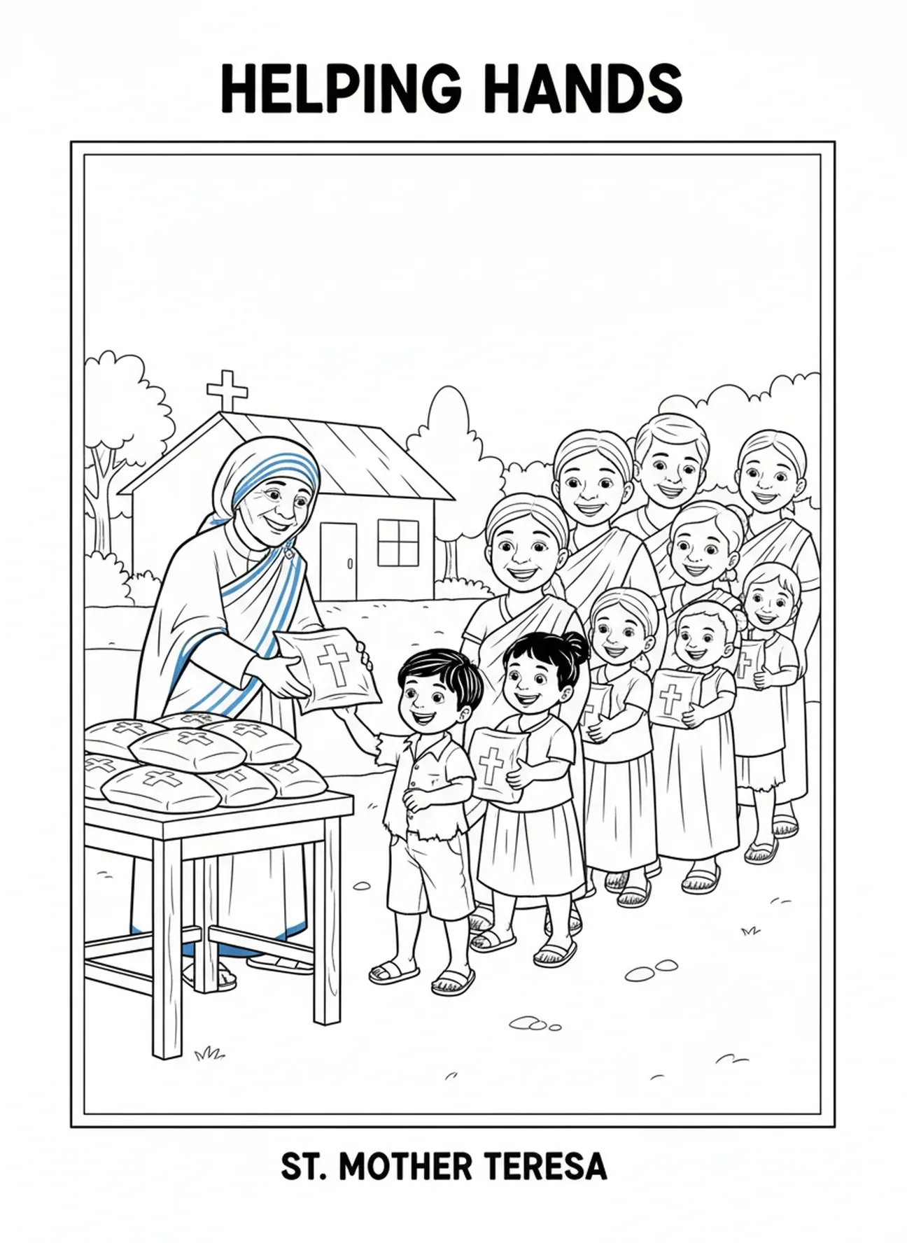 Sainte Mère Teresa distribuant des colis alimentaires, page à colorier Sainte Mère Teresa pour enfants de 5 à 10 ans