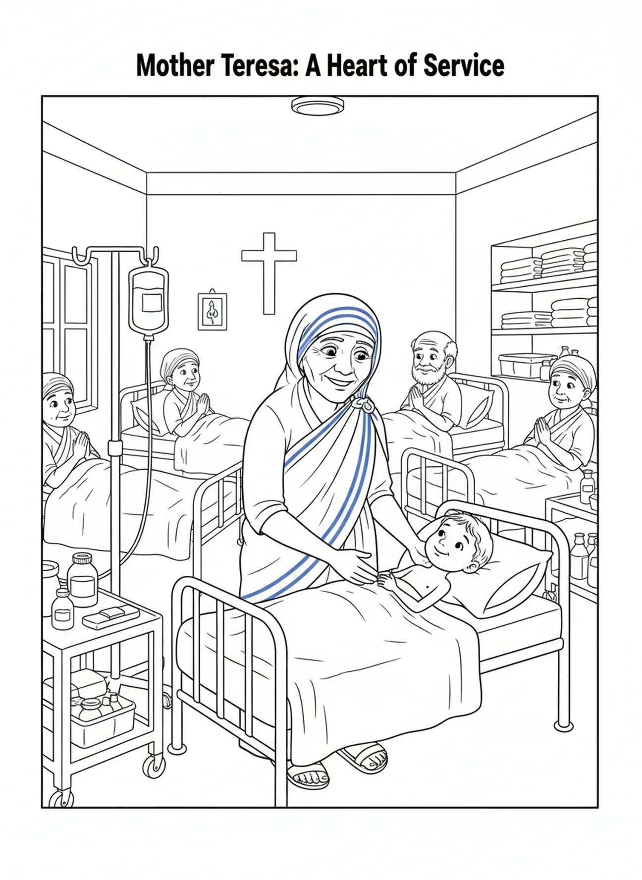 Sainte Mère Teresa s'occupant des patients, page à colorier Sainte Mère Teresa pour enfants de 5 à 10 ans