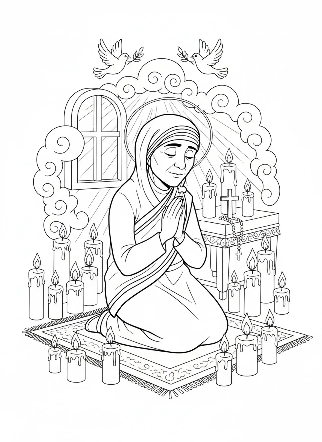 Sainte Mère Teresa en prière, page à colorier Sainte Mère Teresa pour enfants de 5 à 10 ans