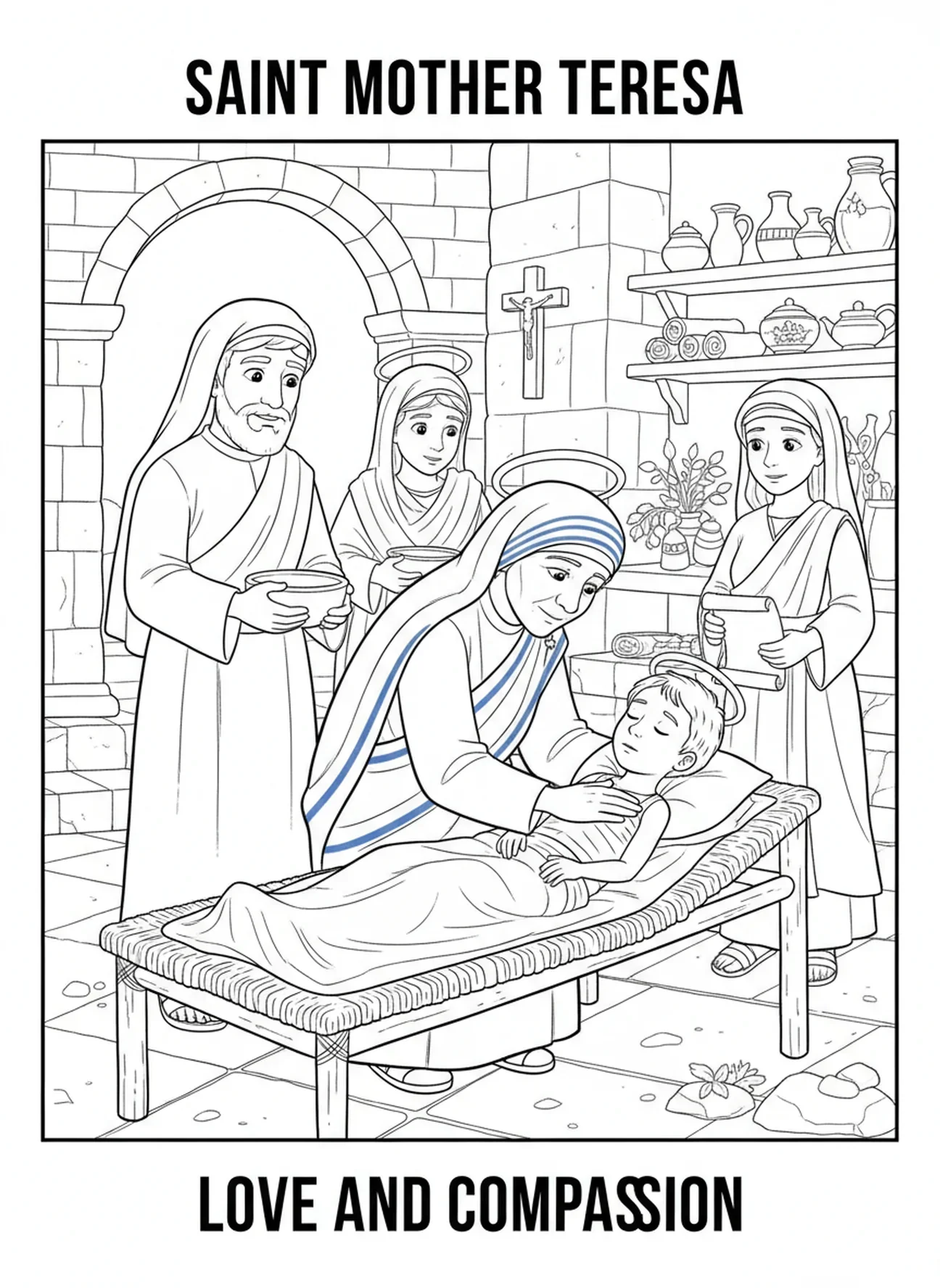Sainte Mère Teresa réconfortant un enfant malade, page à colorier de Sainte Mère Teresa pour les enfants de l'École du dimanche âgés de 5 à 12 ans.