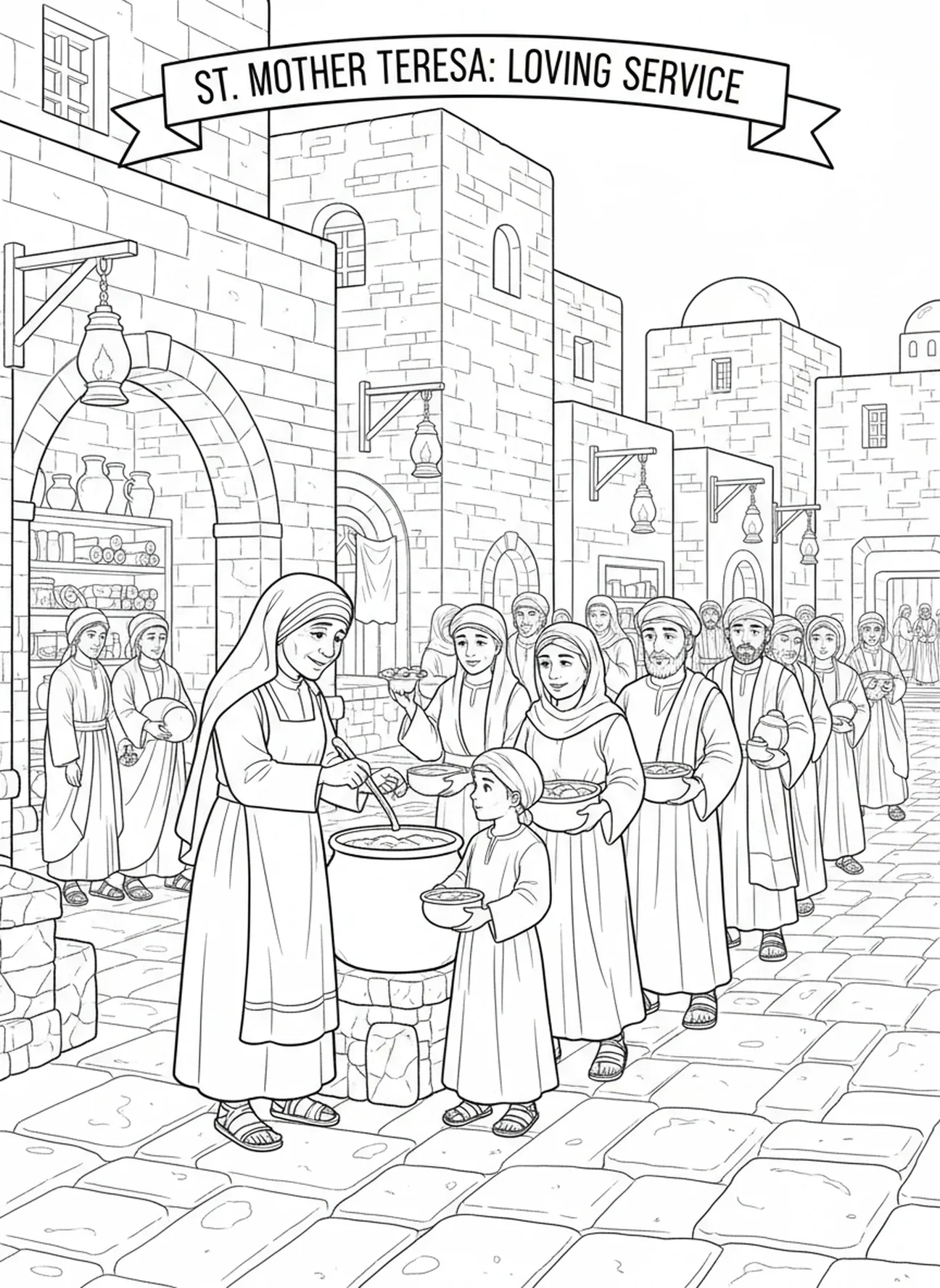 Sainte Mère Teresa servant de la nourriture aux personnes affamées, page à colorier de Sainte Mère Teresa pour les enfants de catéchisme âgés de 5 à 12 ans.