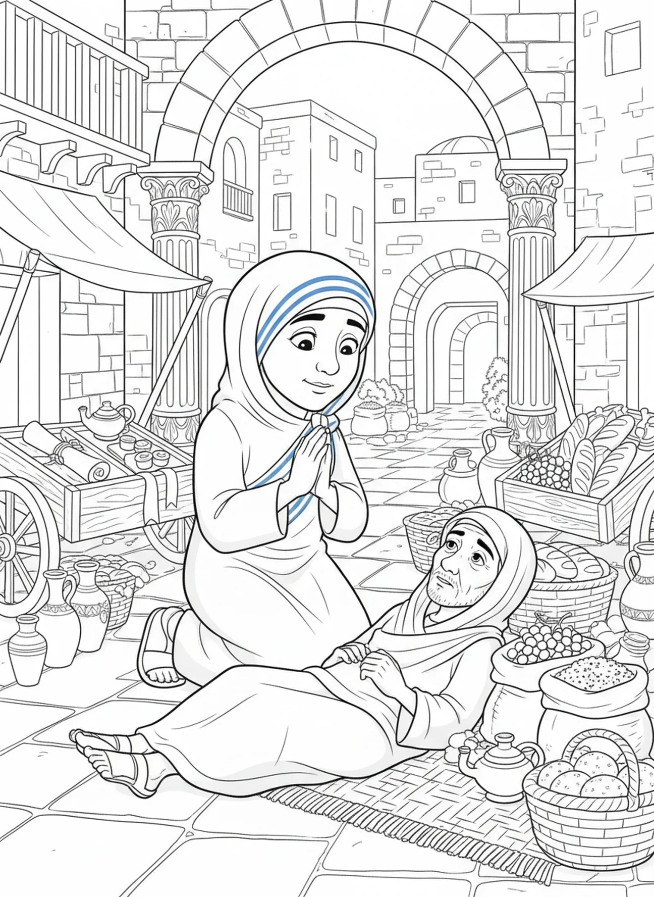 Sainte Mère Teresa à genoux à côté d'une personne sans-abri, page à colorier de Sainte Mère Teresa pour les enfants de l'École du dimanche âgés de 5 à 12 ans.
