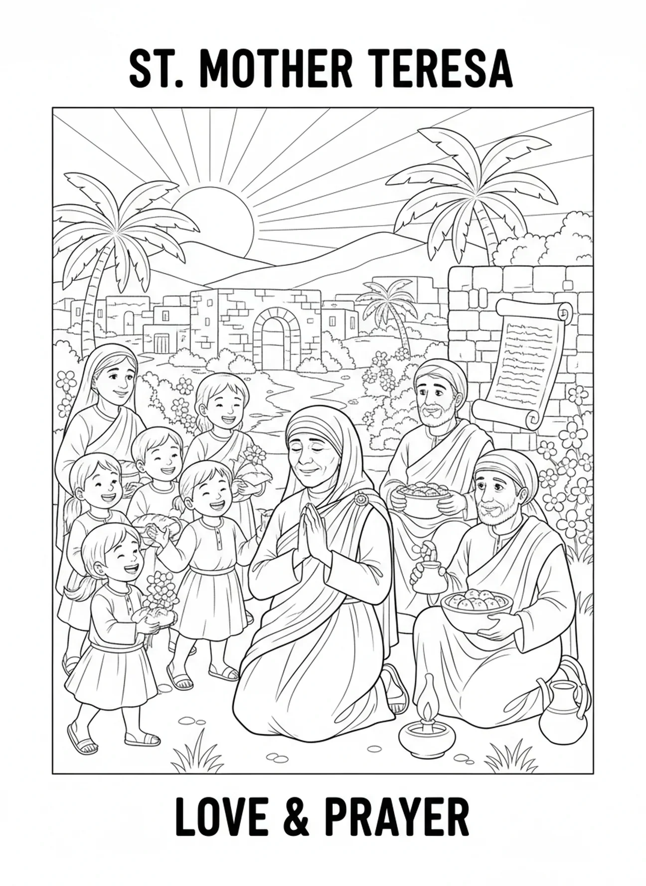 Sainte Mère Teresa en prière entourée d'enfants, page à colorier de Sainte Mère Teresa pour les enfants de l'École du dimanche âgés de 5 à 12 ans.