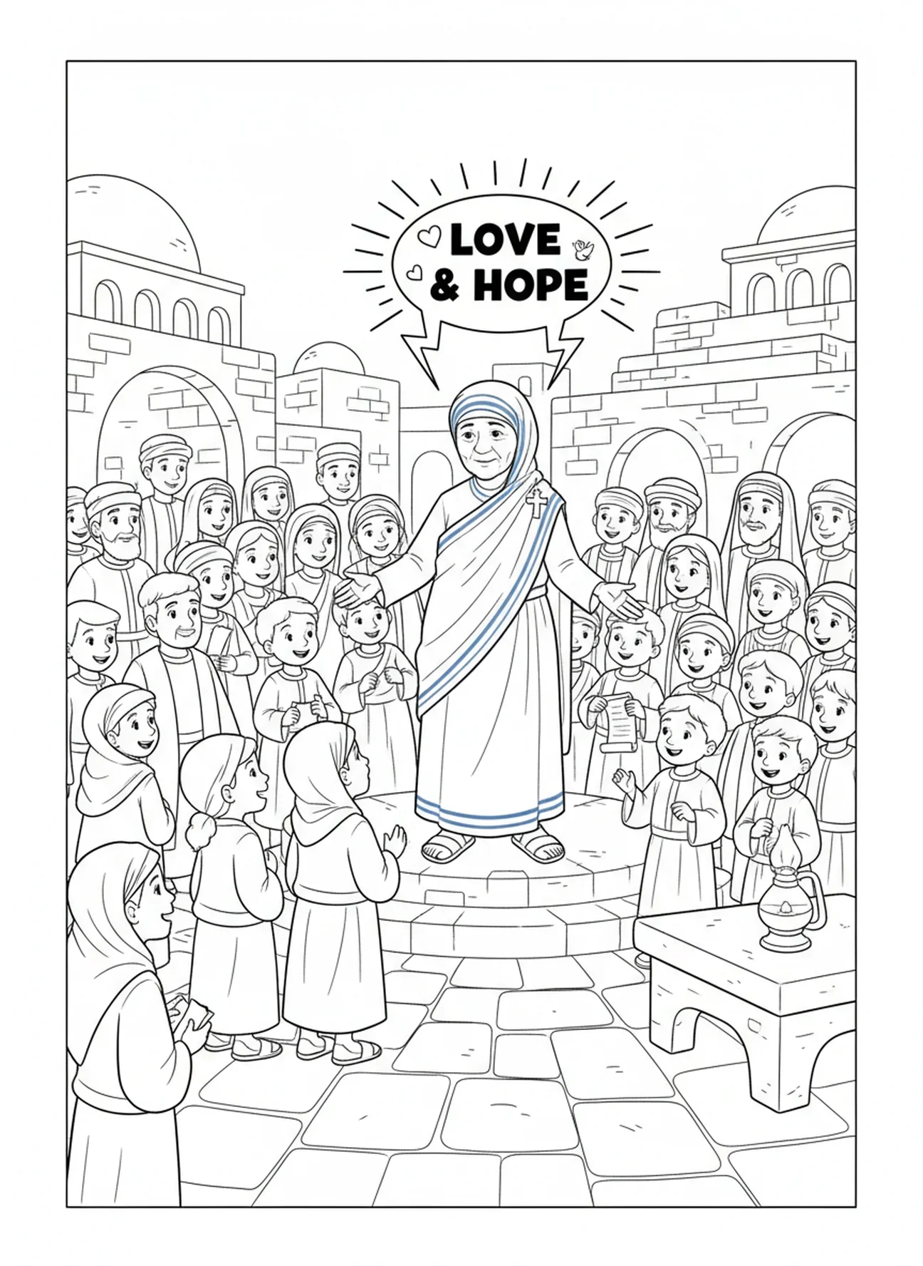 Sainte Mère Teresa s'adressant à une foule, page à colorier Sainte Mère Teresa pour les enfants de l'École du dimanche âgés de 5 à 12 ans.