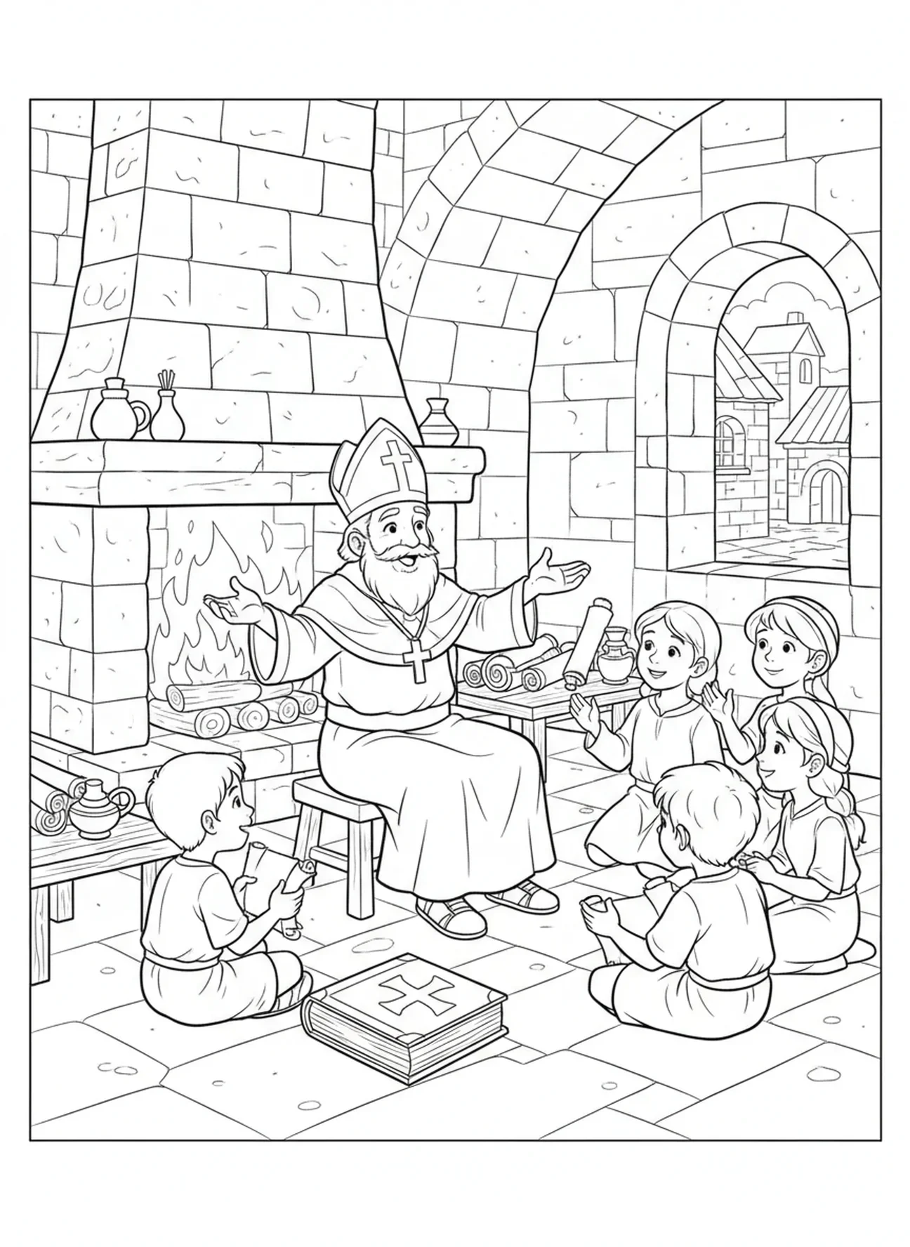 Récit de Saint Nicolas au coin du feu, page à colorier de Saint Nicolas pour les enfants de l'École du dimanche âgés de 5 à 12 ans