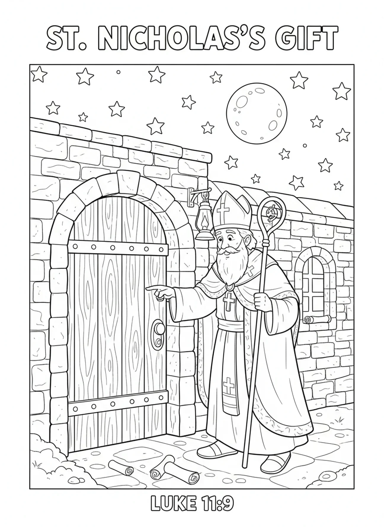 Saint Nicolas frappant à la porte d'une auberge, page à colorier Saint Nicolas pour les enfants de l'École du dimanche âgés de 5 à 12 ans