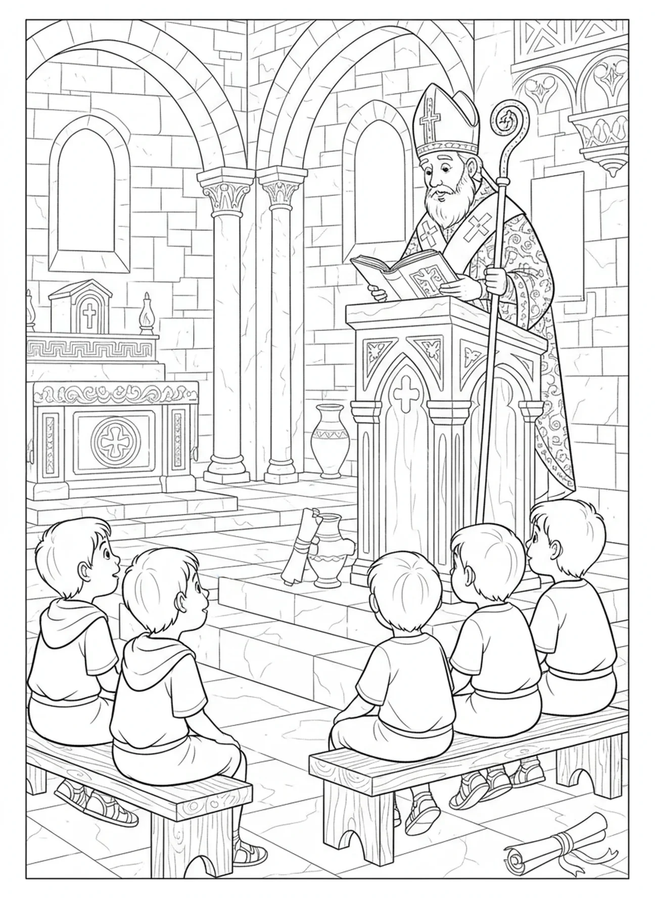 Saint Nicolas prêchant dans une église, page à colorier Saint Nicolas pour les enfants de l'École du dimanche âgés de 5 à 12 ans