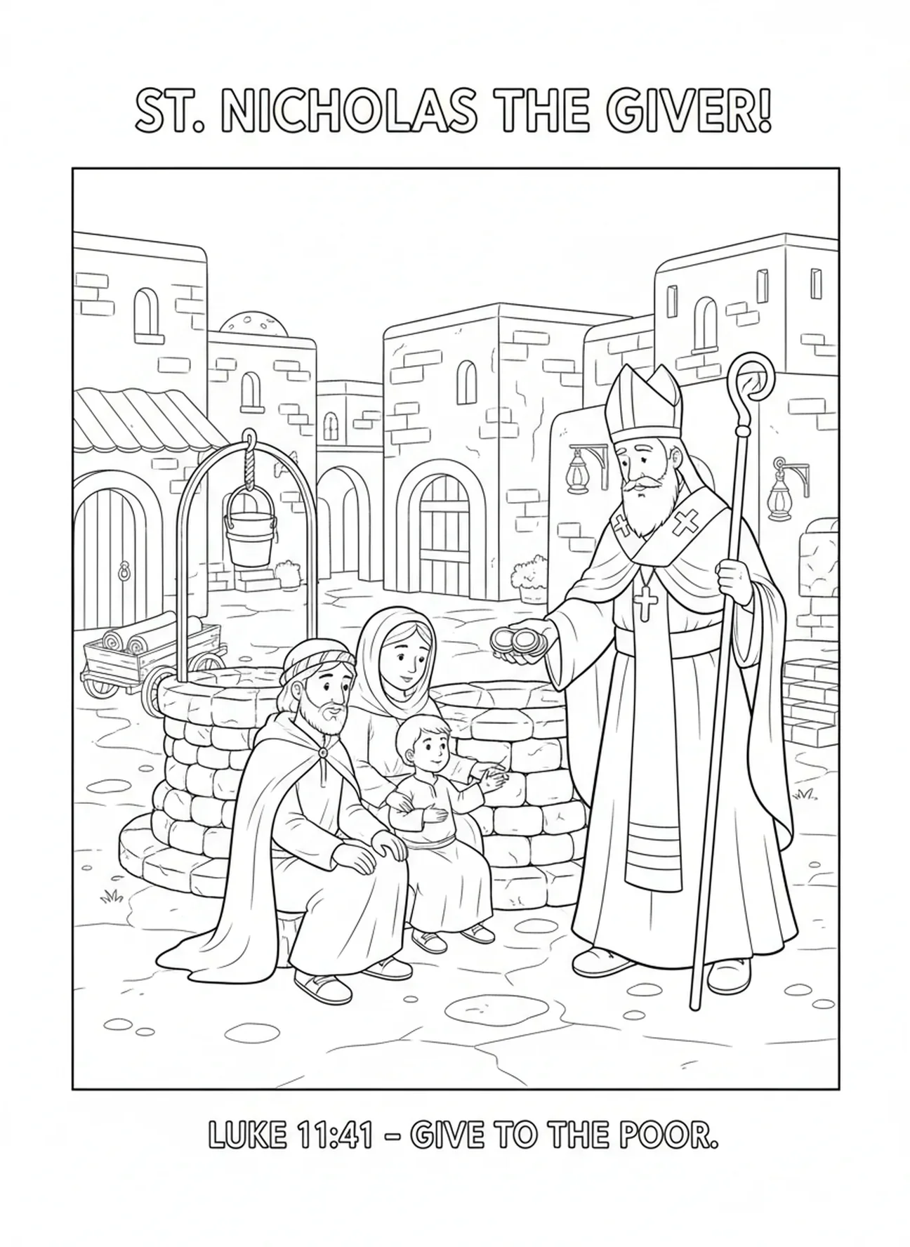 Saint Nicolas donnant des pièces, page à colorier de Saint Nicolas pour les enfants de l'École du dimanche âgés de 5 à 12 ans